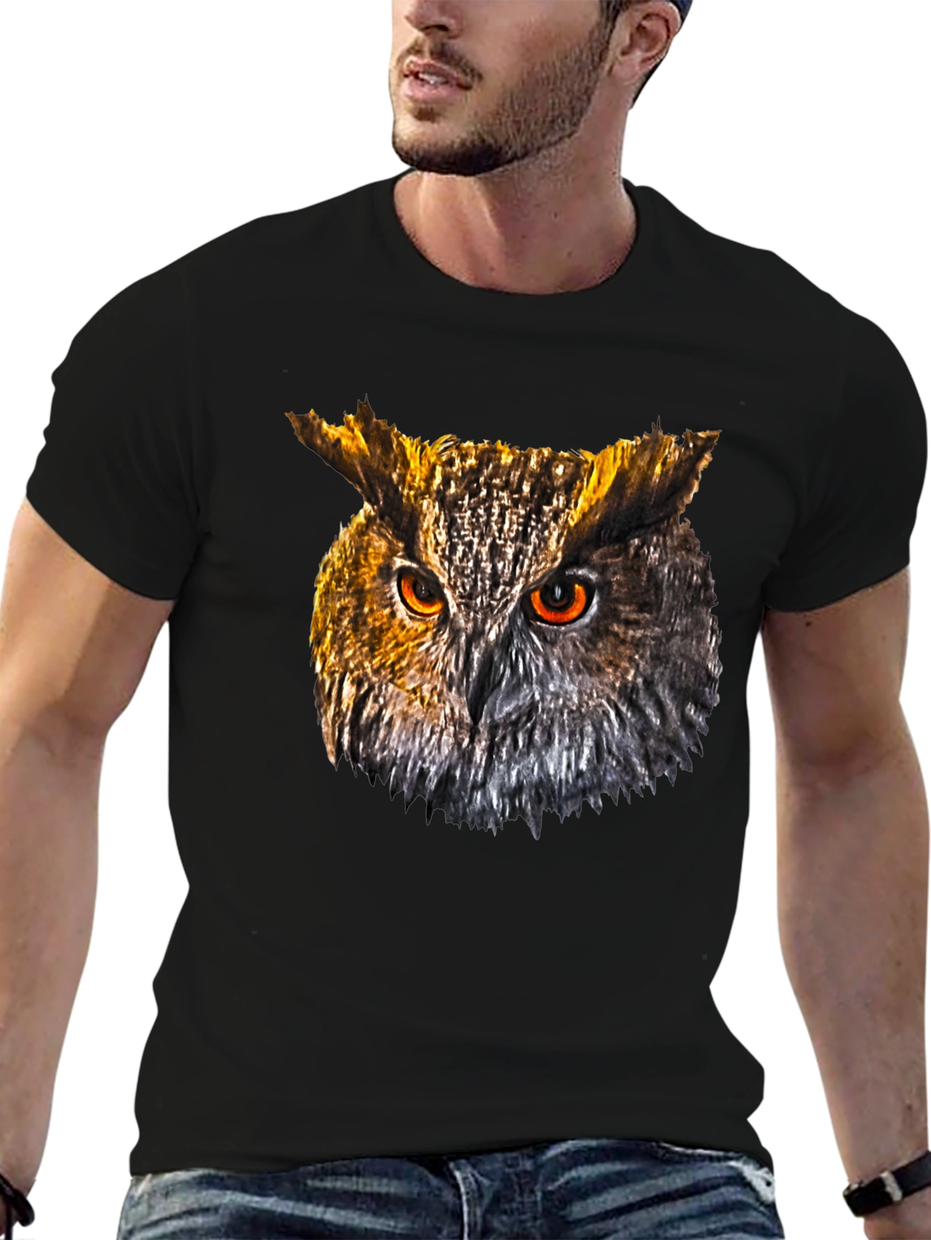 Owl Head Graphic Print Black T-Shirt