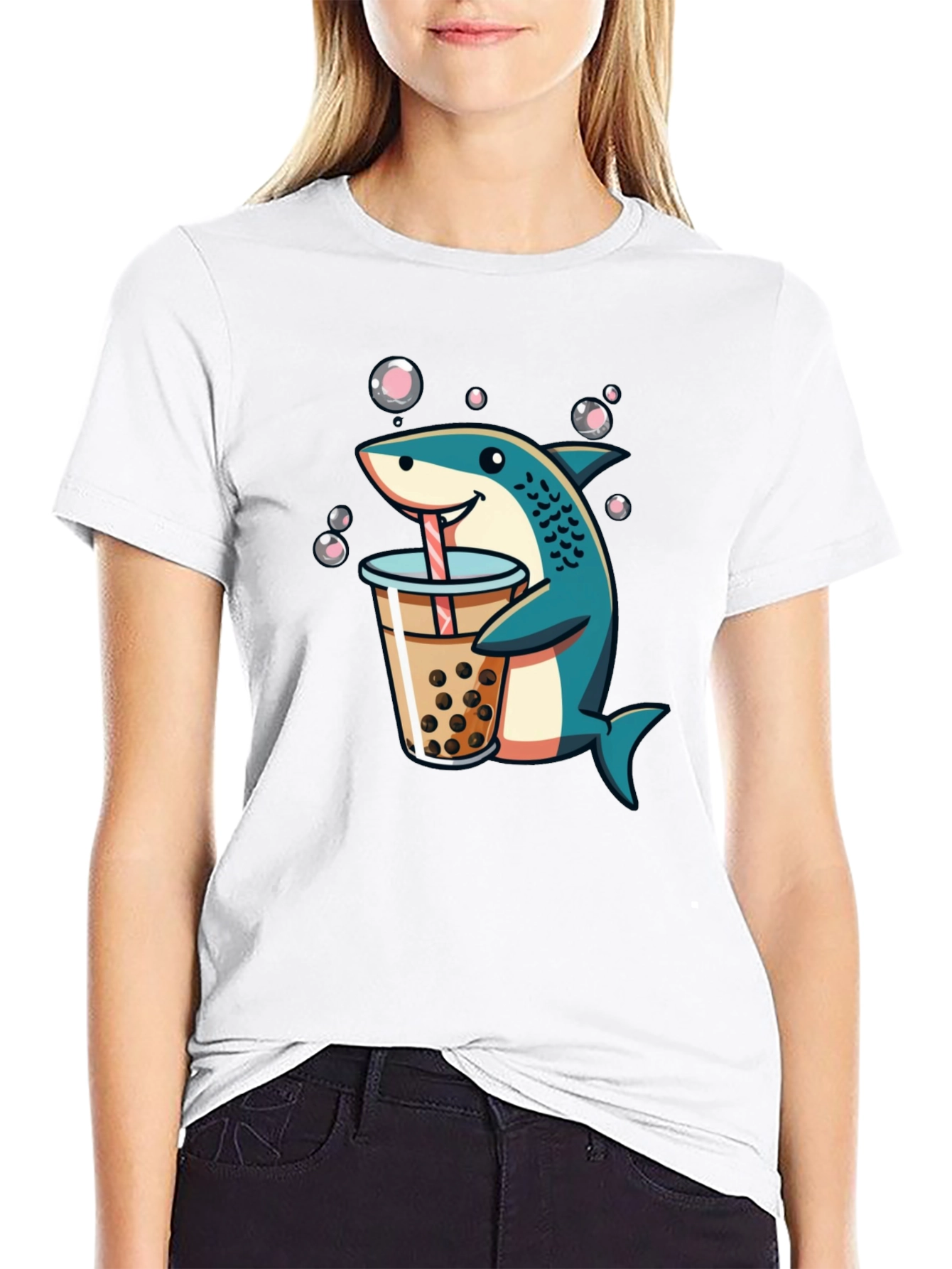 Shark Boba Tea Graphic Tee - Funny Cartoon T-Shirt