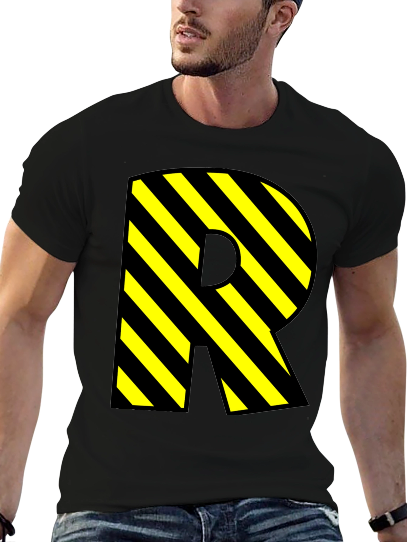 Letter R Striped Graphic Black T-Shirt