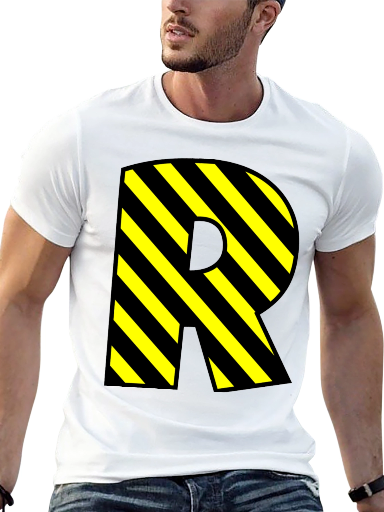 Letter R Striped Graphic Black T-Shirt