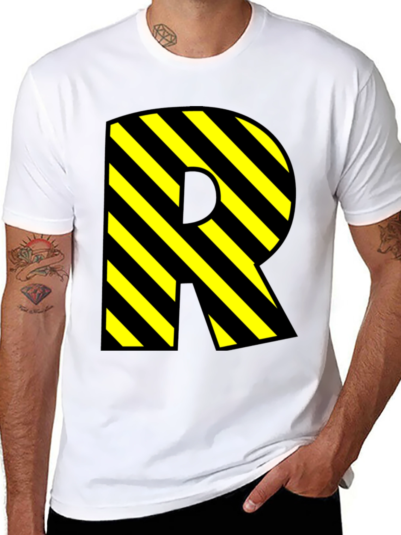 Letter R Striped Graphic Black T-Shirt