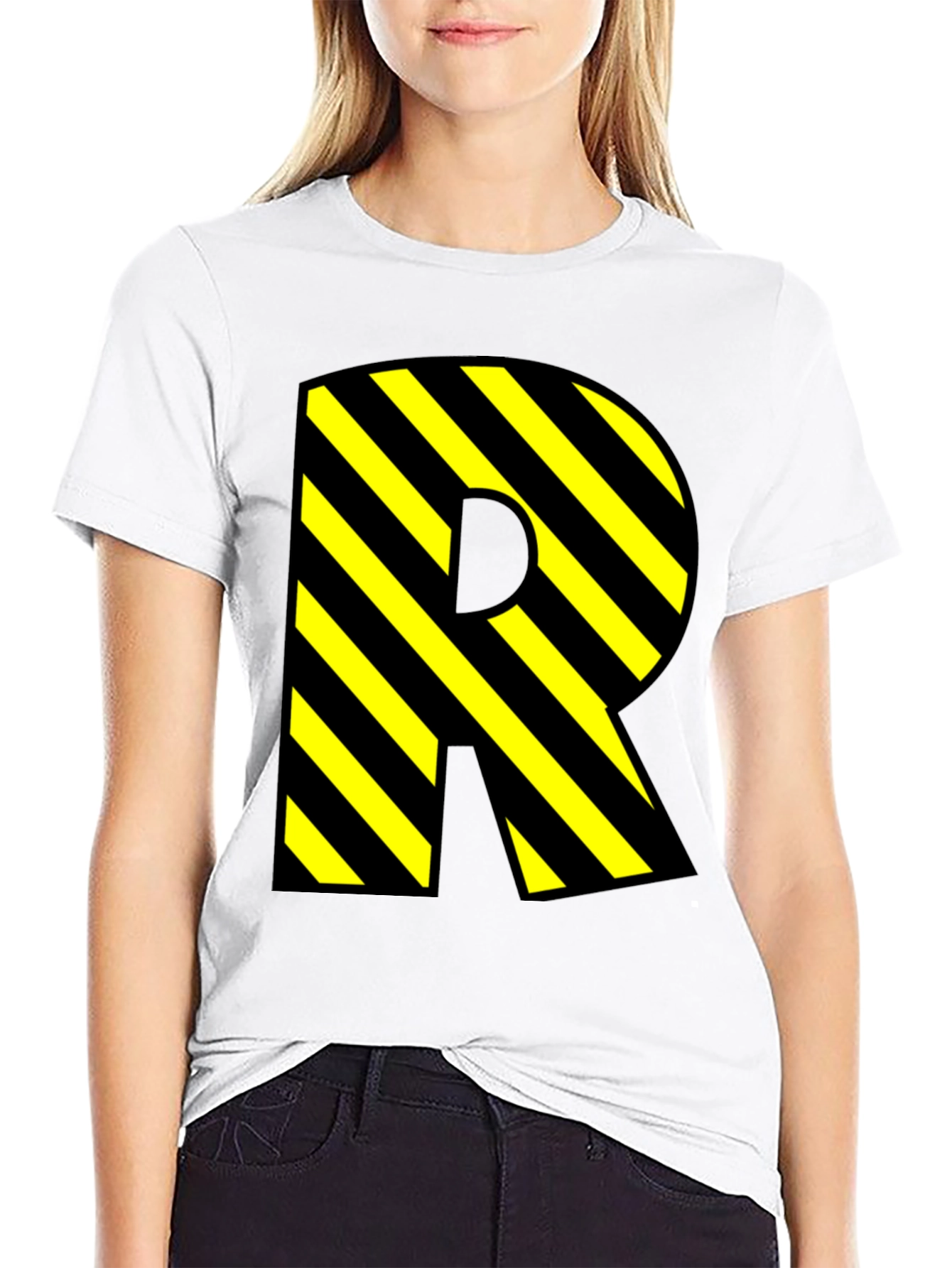 Letter R Striped Graphic Black T-Shirt