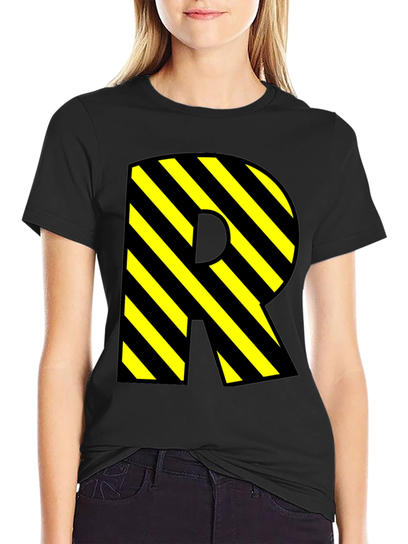 Letter R Striped Graphic Black T-Shirt