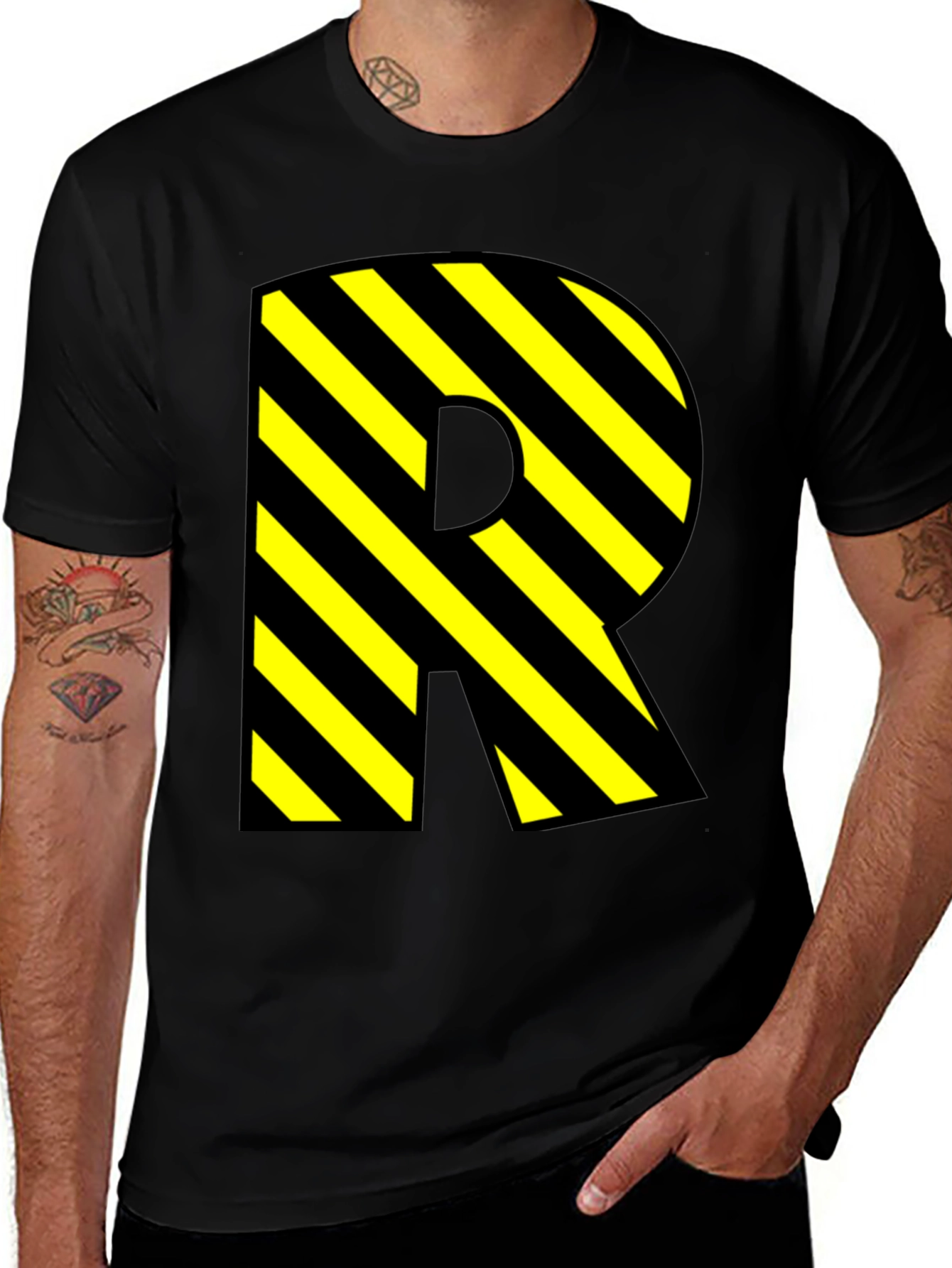 Letter R Striped Graphic Black T-Shirt
