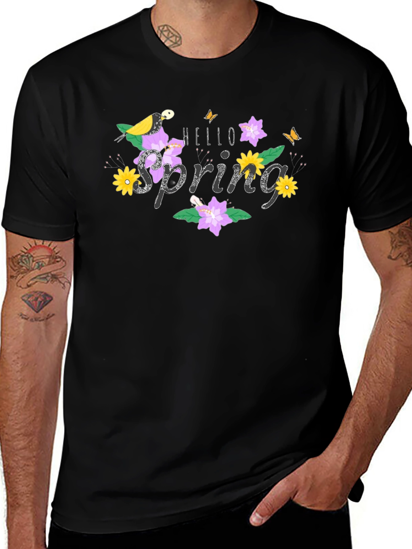 Hello Spring Graphic Tee Bird & Floral Design