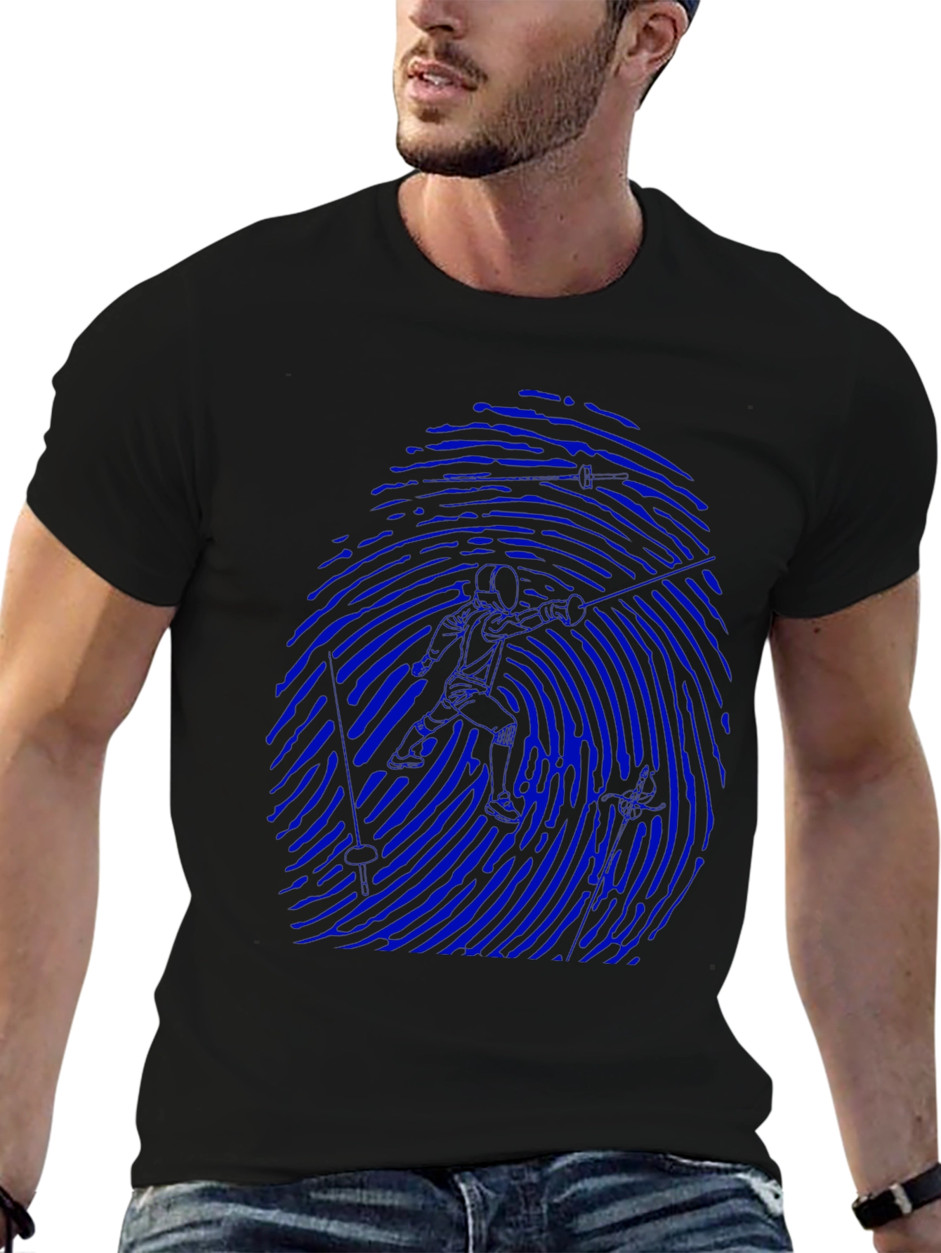 Blue Fingerprint Silhouette Graphic Black T-Shirt