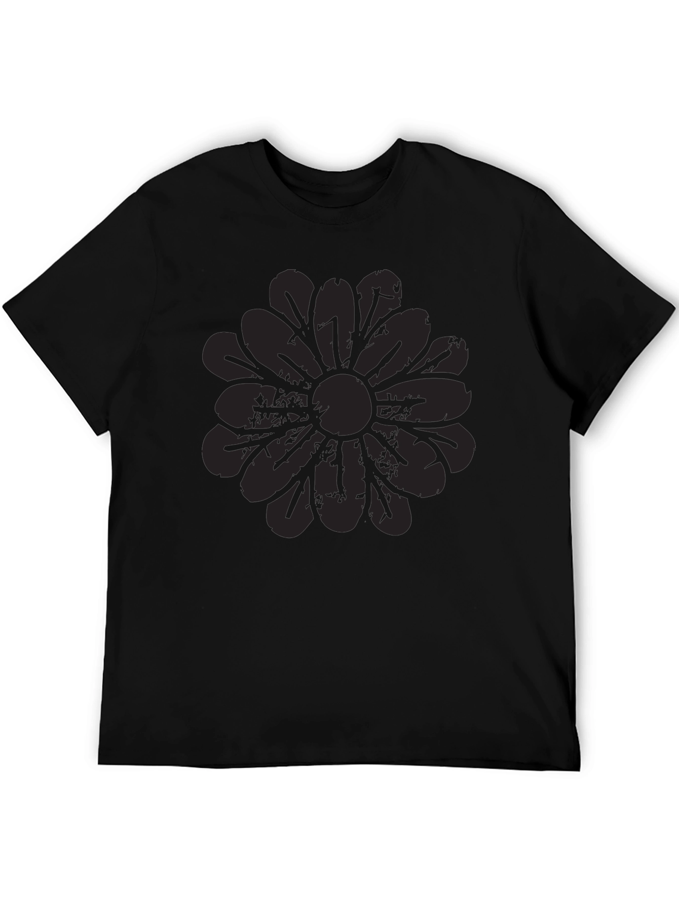 Mens Black Graphic Tee - Distressed Floral Design