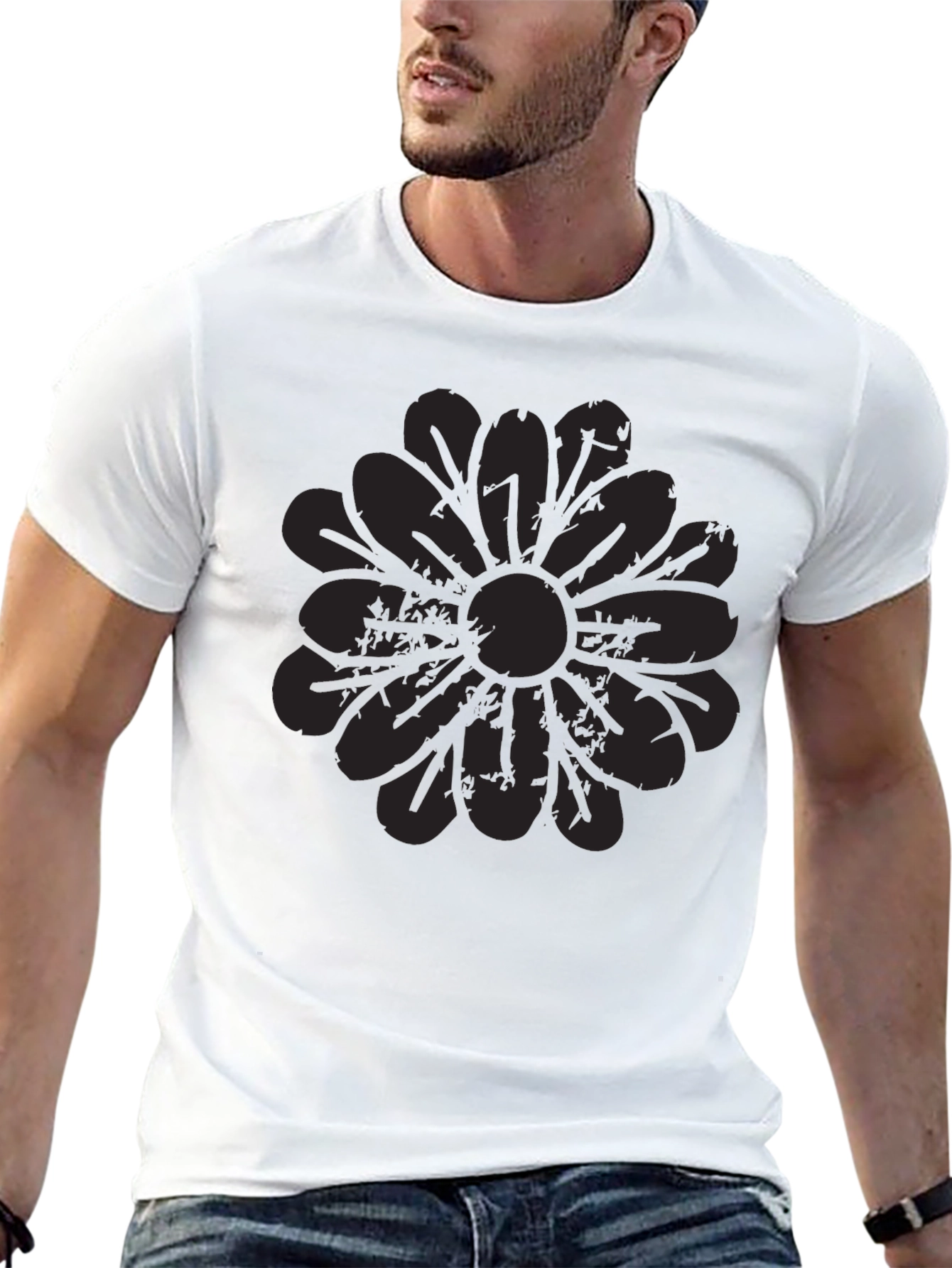 Mens Black Graphic Tee - Distressed Floral Design