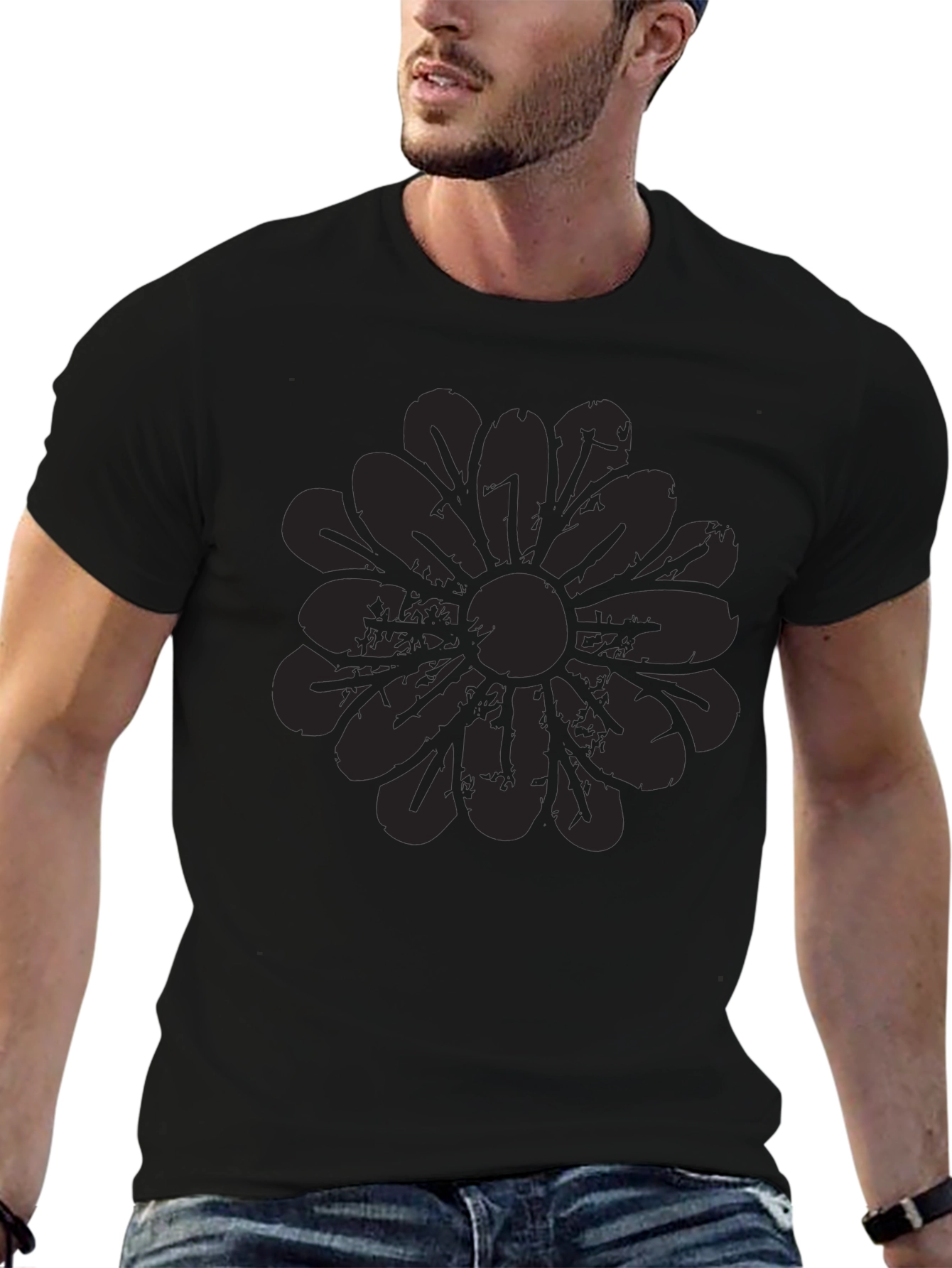 Mens Black Graphic Tee - Distressed Floral Design