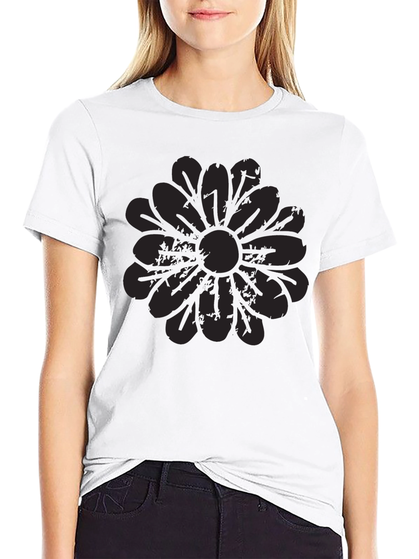 Mens Black Graphic Tee - Distressed Floral Design