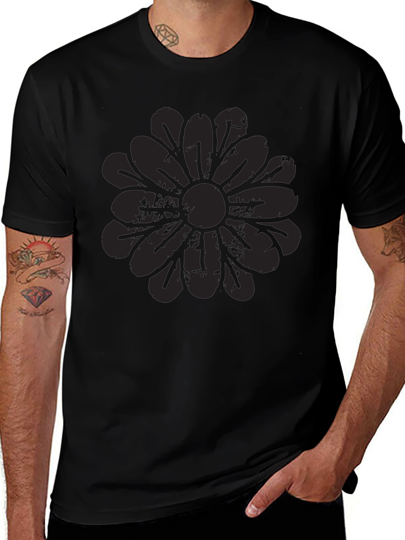 Mens Black Graphic Tee - Distressed Floral Design