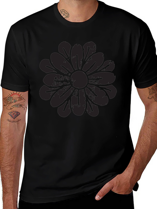 Mens Black Graphic Tee - Distressed Floral Design