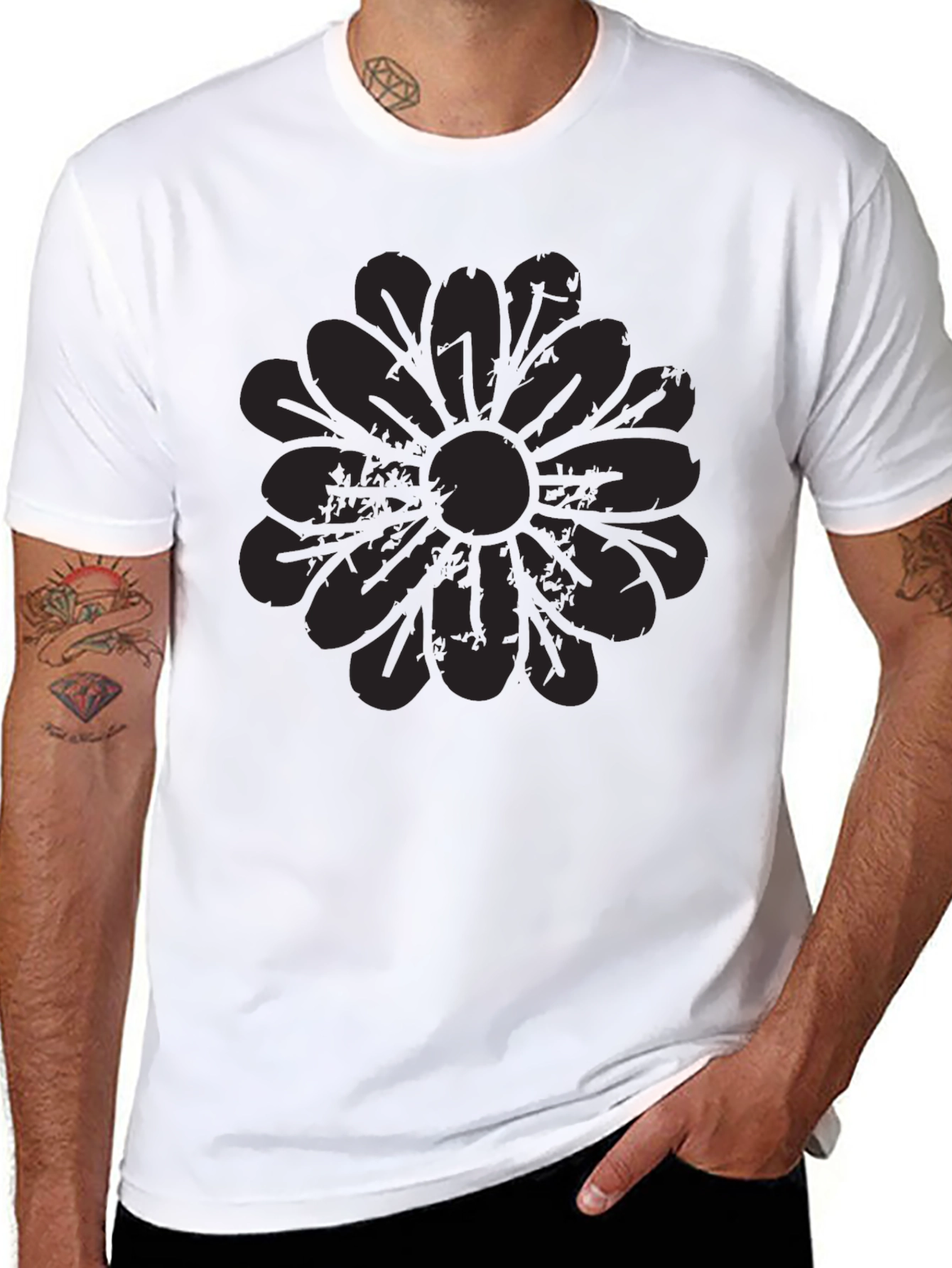 Mens Black Graphic Tee - Distressed Floral Design