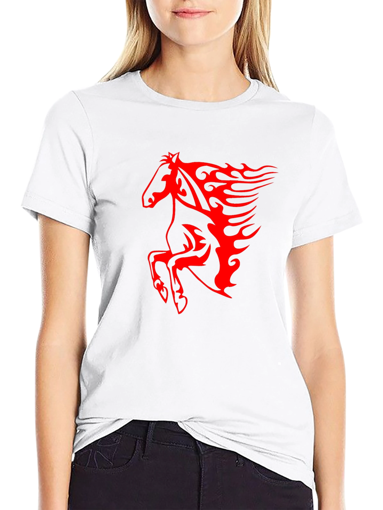 Mens Black T-Shirt with Fiery Red Horse Graphic