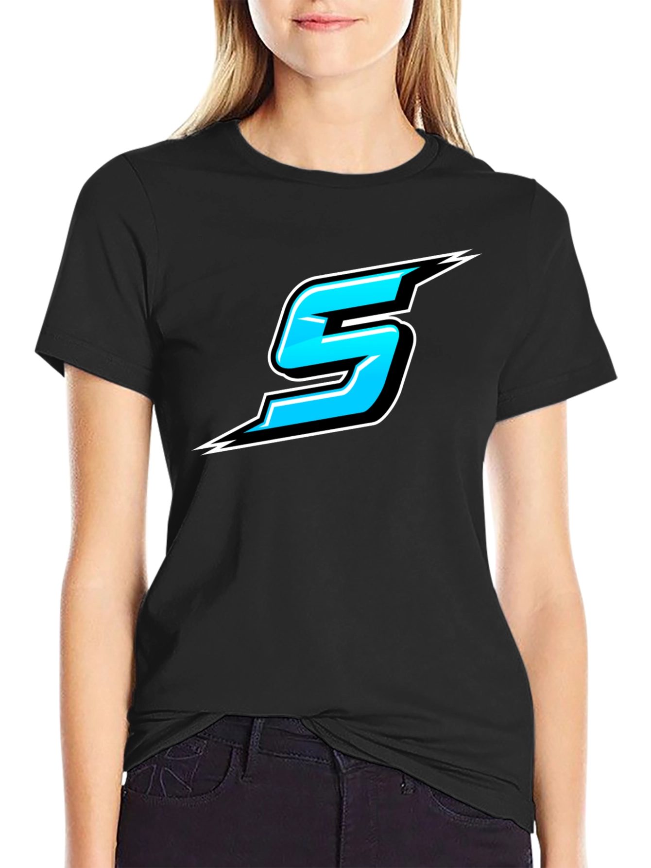 Bold Black T-Shirt with Sporty Blue Number 5