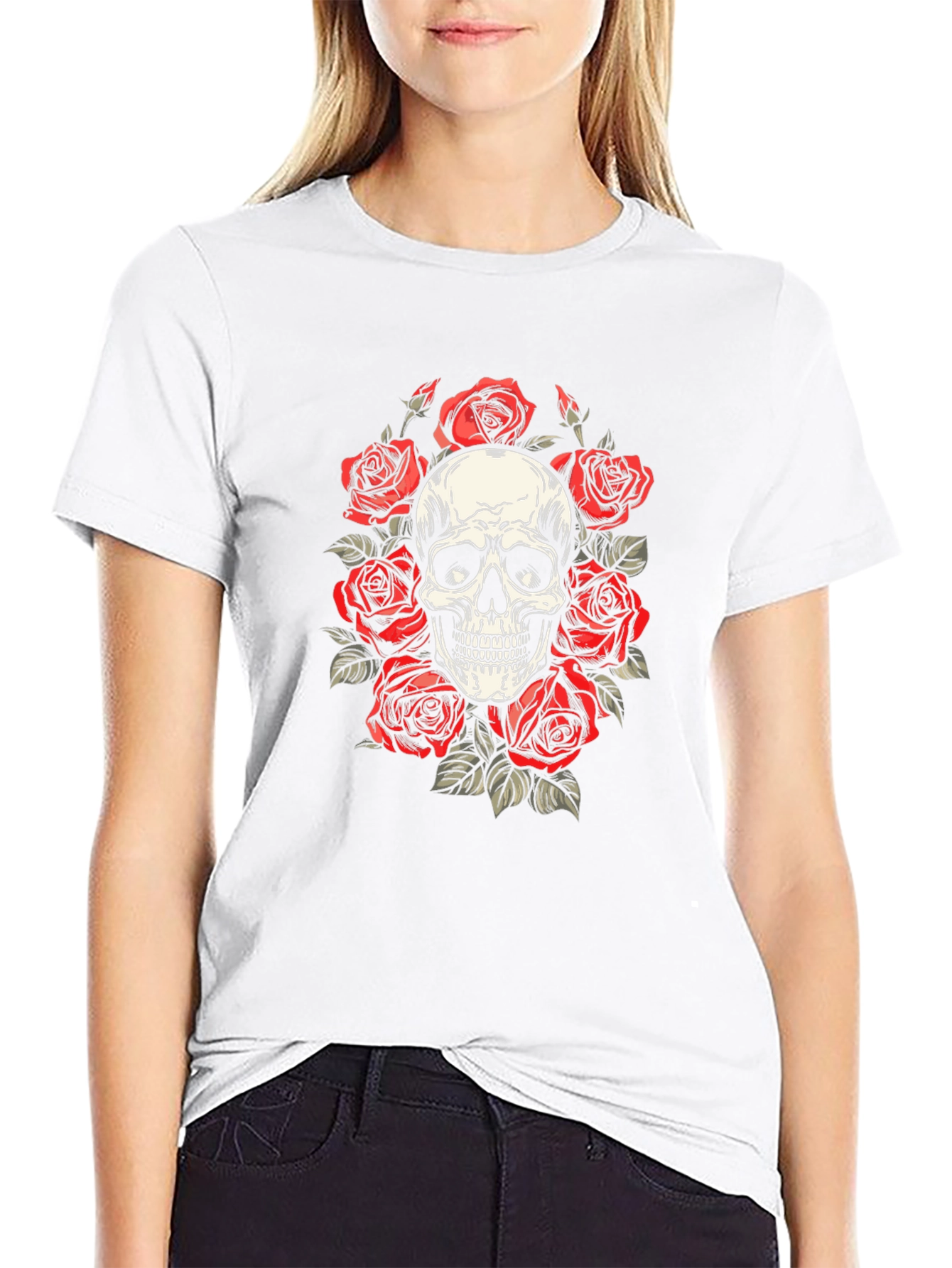 Skull & Roses Graphic Tee - Black Cotton