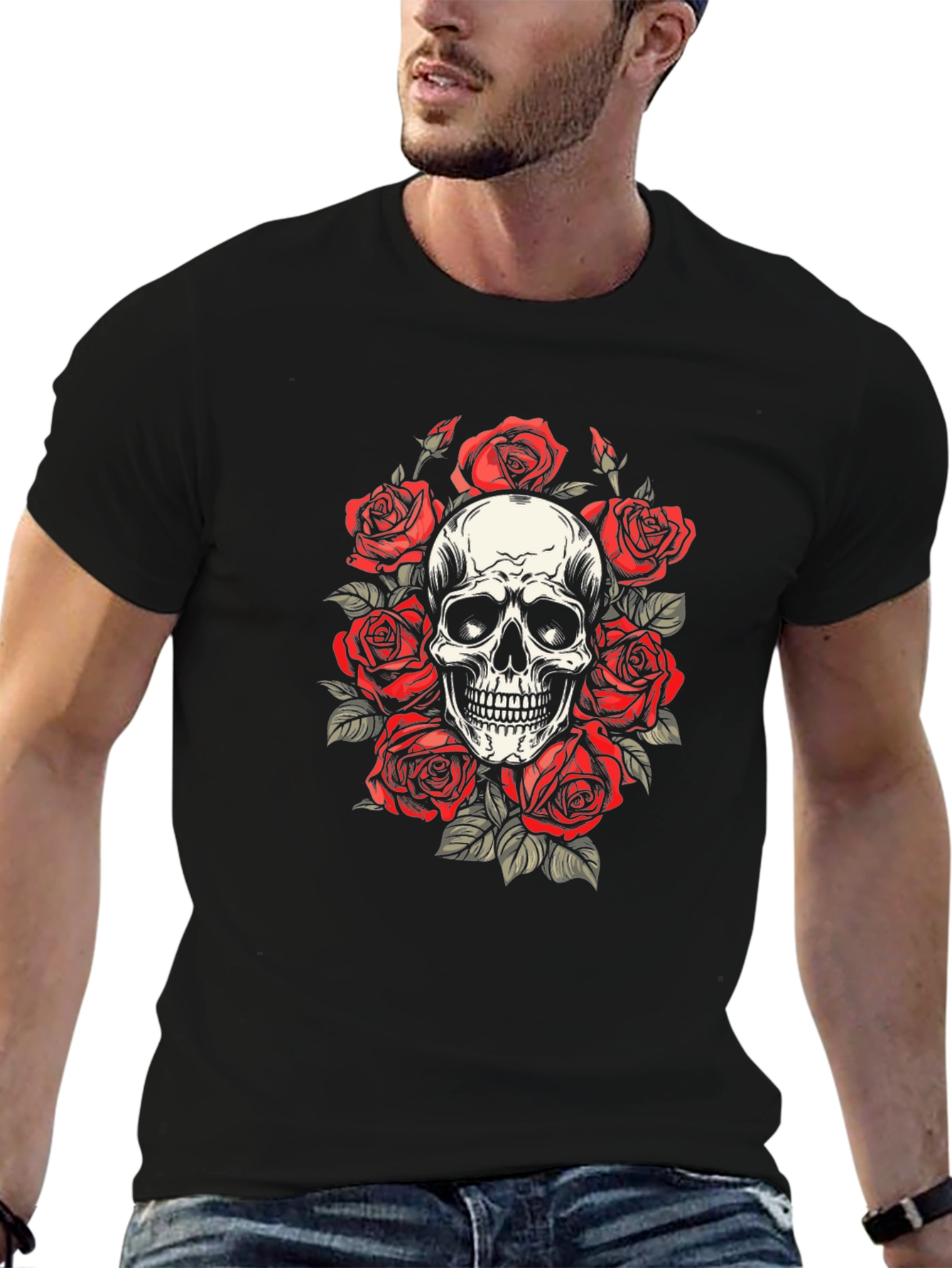 Skull & Roses Graphic Tee - Black Cotton