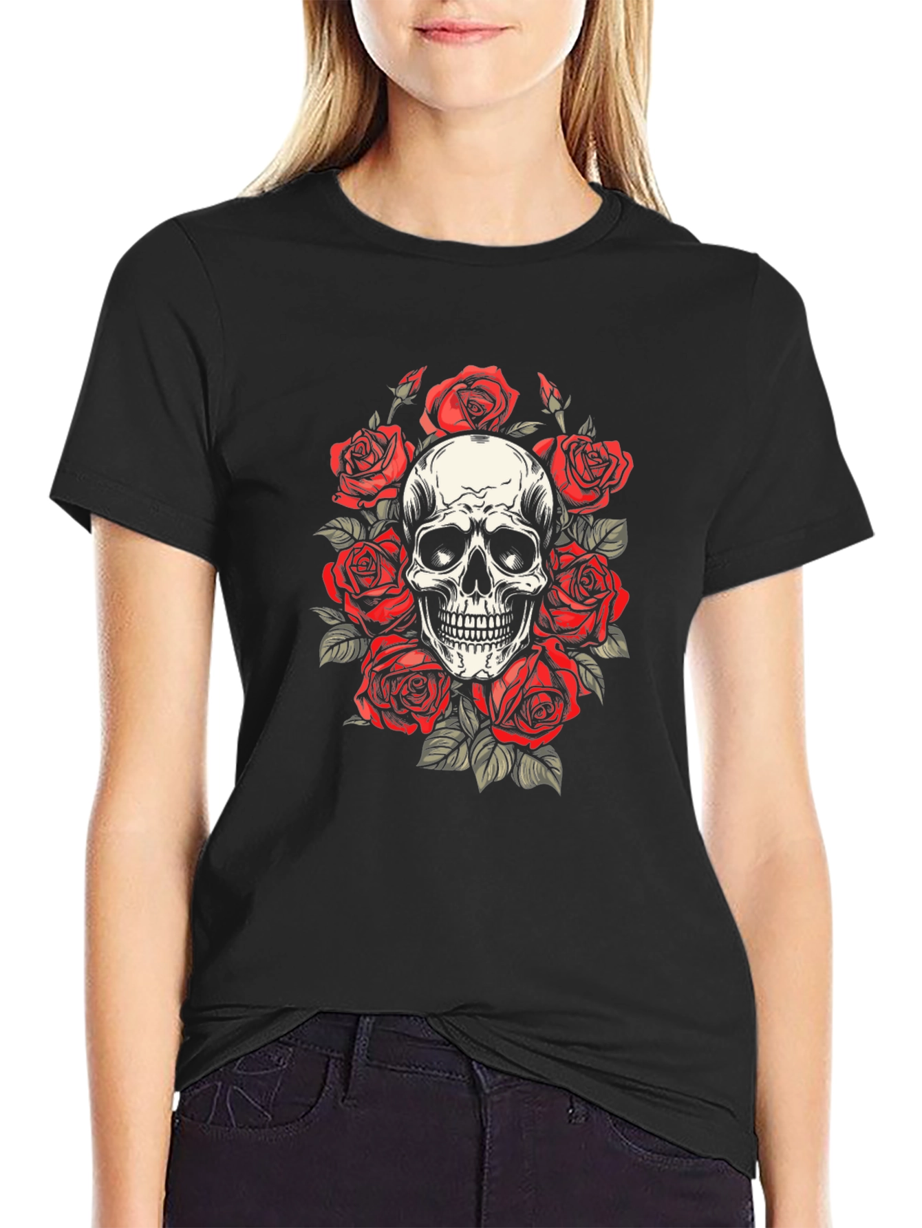 Skull & Roses Graphic Tee - Black Cotton