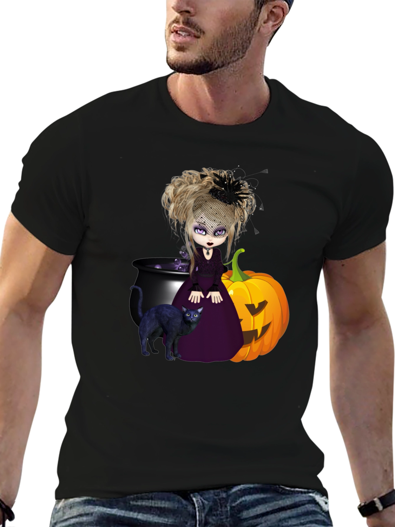 Witch Cat & Pumpkin Halloween Graphic Tee