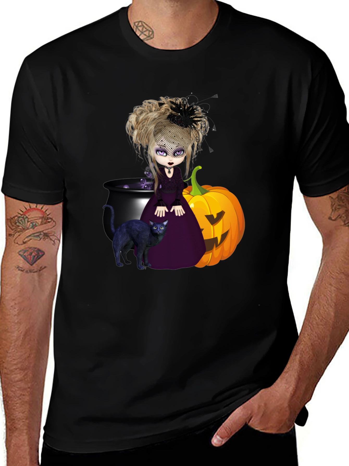 Witch Cat & Pumpkin Halloween Graphic Tee