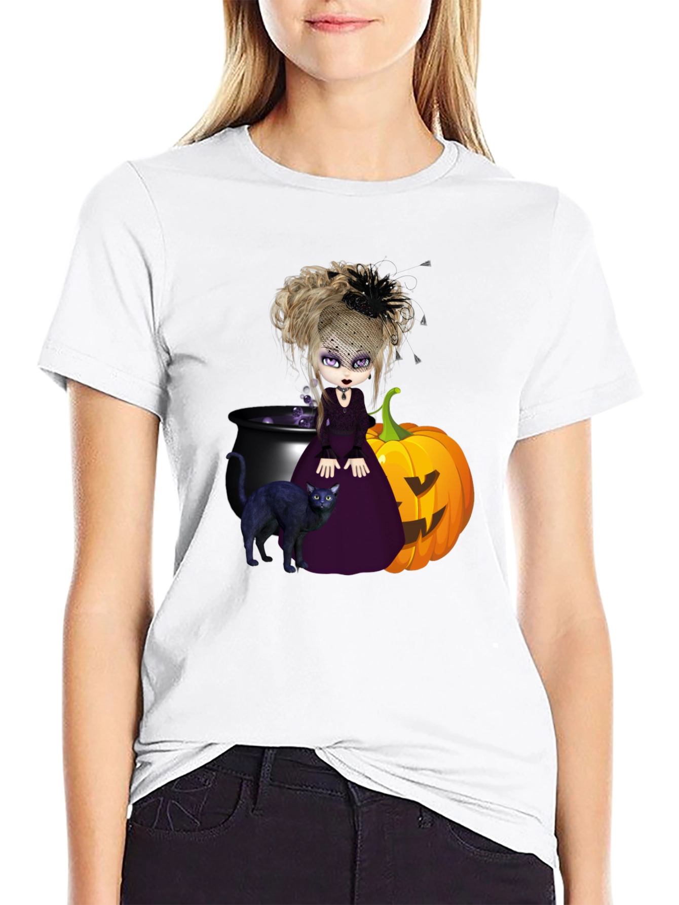 Witch Cat & Pumpkin Halloween Graphic Tee