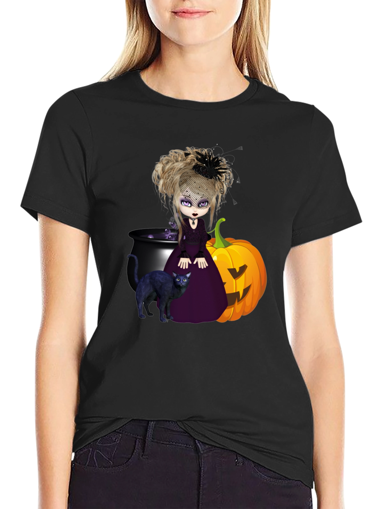 Witch Cat & Pumpkin Halloween Graphic Tee