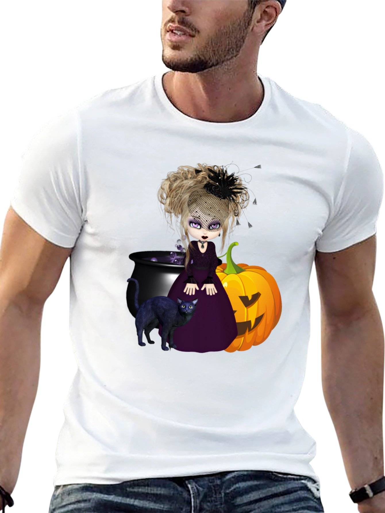 Witch Cat & Pumpkin Halloween Graphic Tee