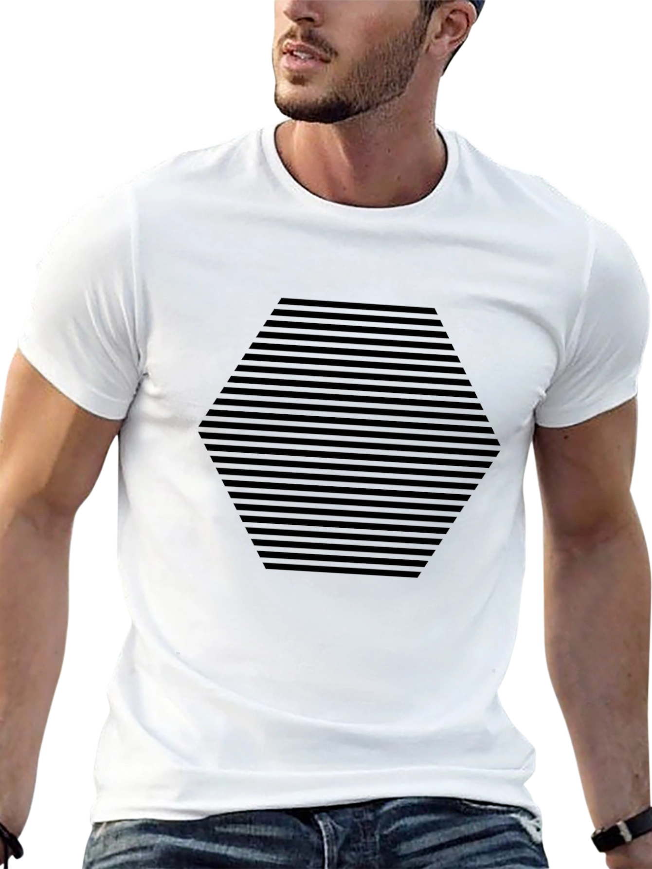 Mens Black Geometric Hexagon Striped T-Shirt