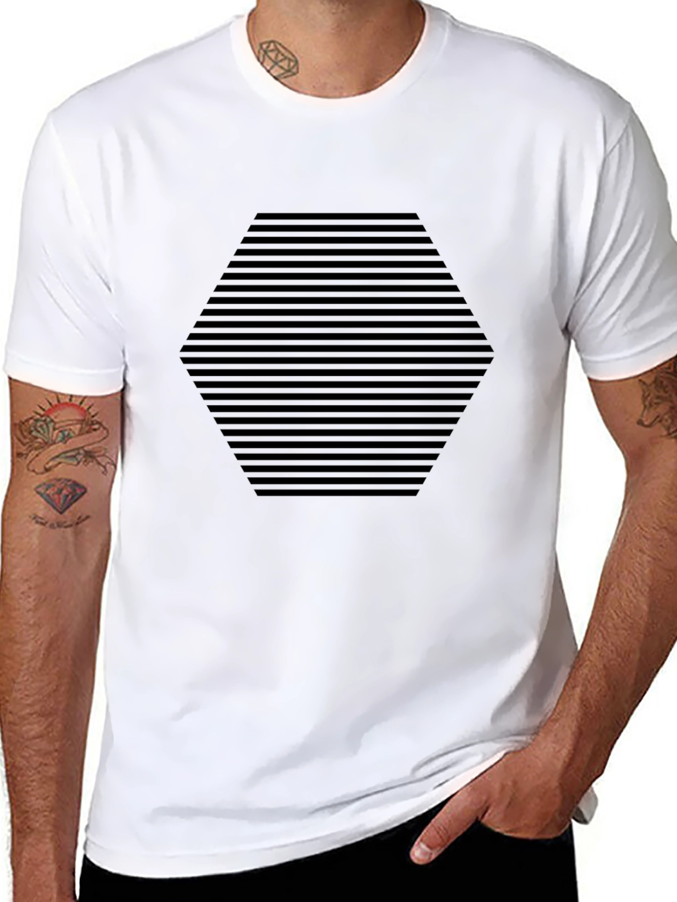 Mens Black Geometric Hexagon Striped T-Shirt