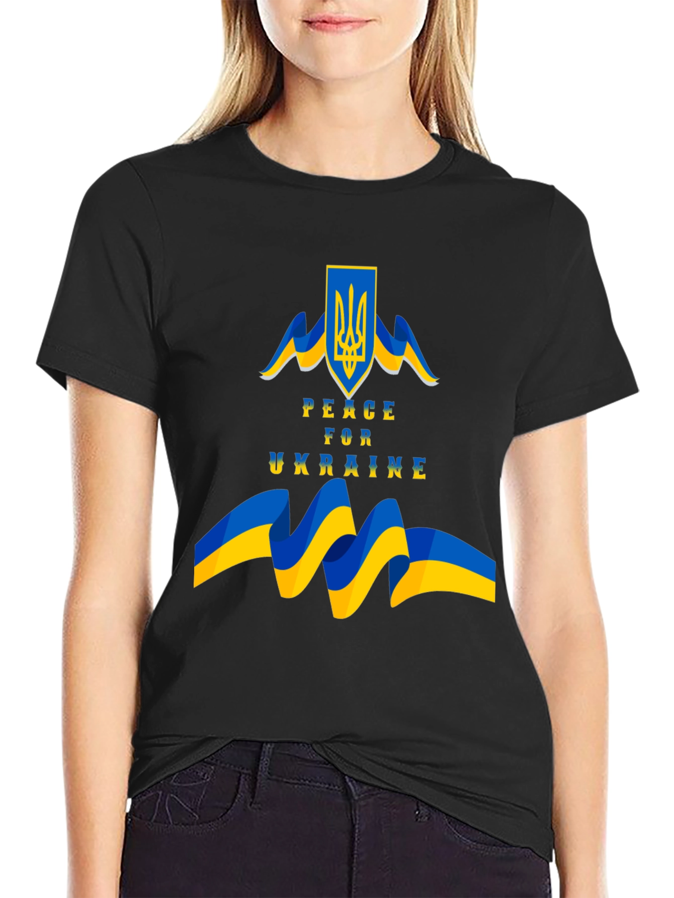 Peace for Ukraine Black T-Shirt with Flag Emblem