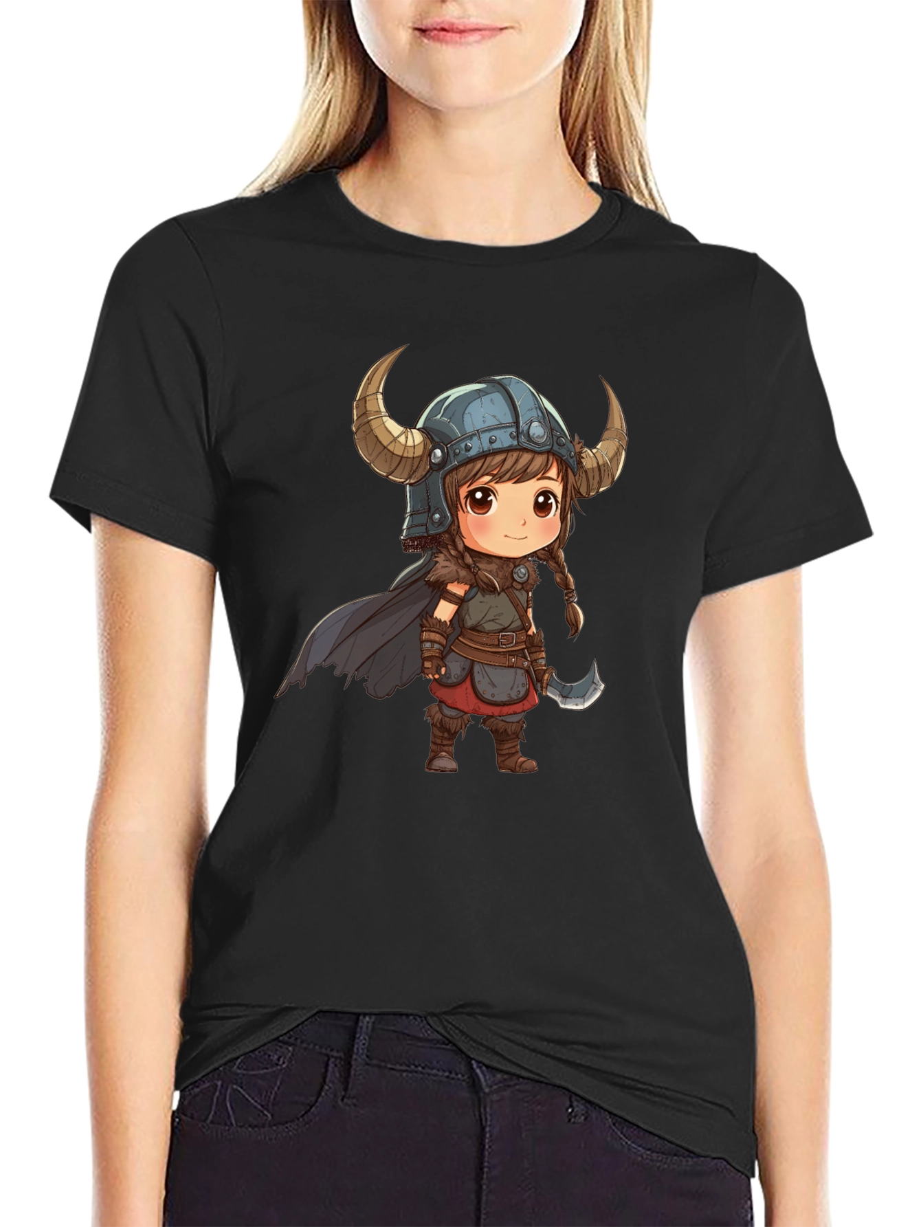 Viking Girl Graphic Tee - Black Cotton T-Shirt