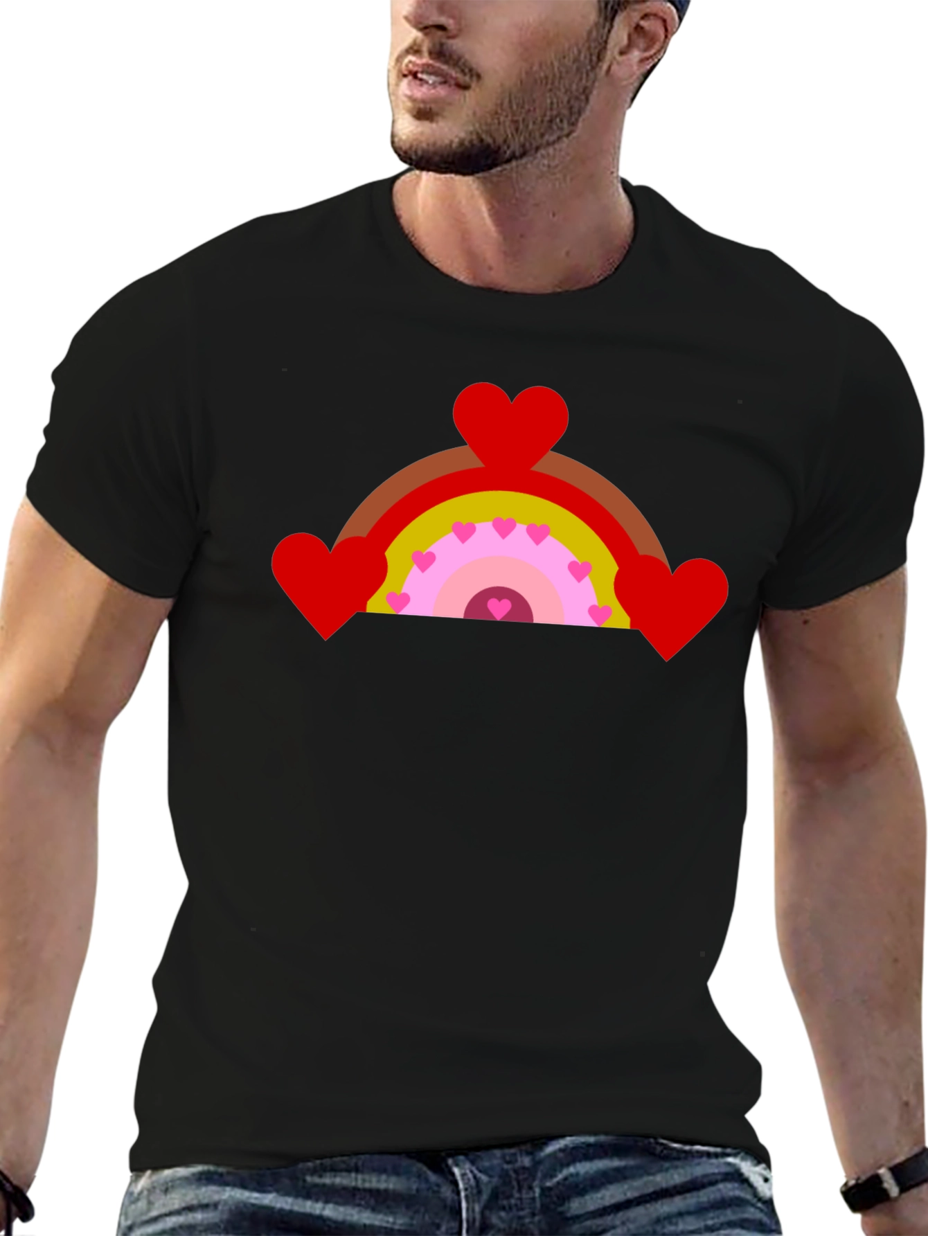 Heart Rainbow Graphic Tee - Black Cotton T-Shirt