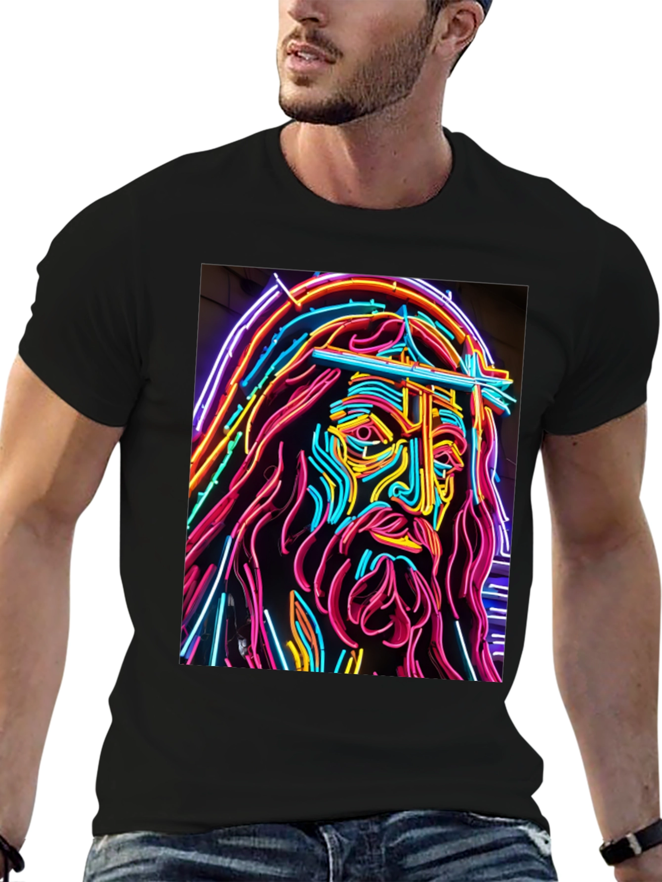Neon Jesus Graphic T-Shirt - Bold Religious Art