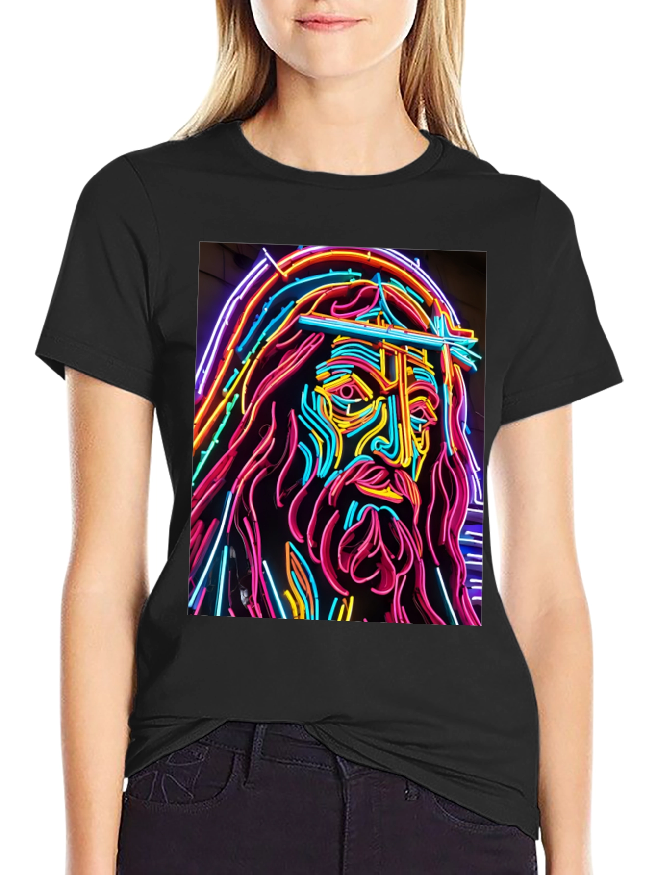 Neon Jesus Graphic T-Shirt - Bold Religious Art
