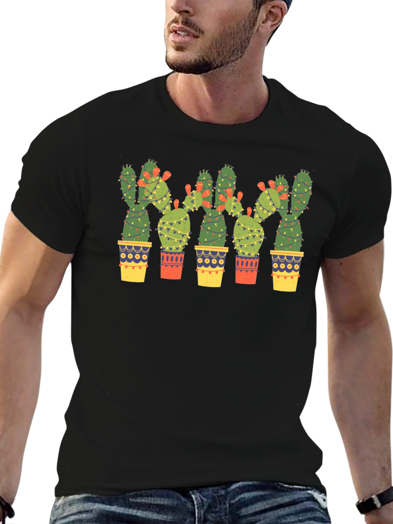 Cactus Christmas Lights Black T-Shirt
