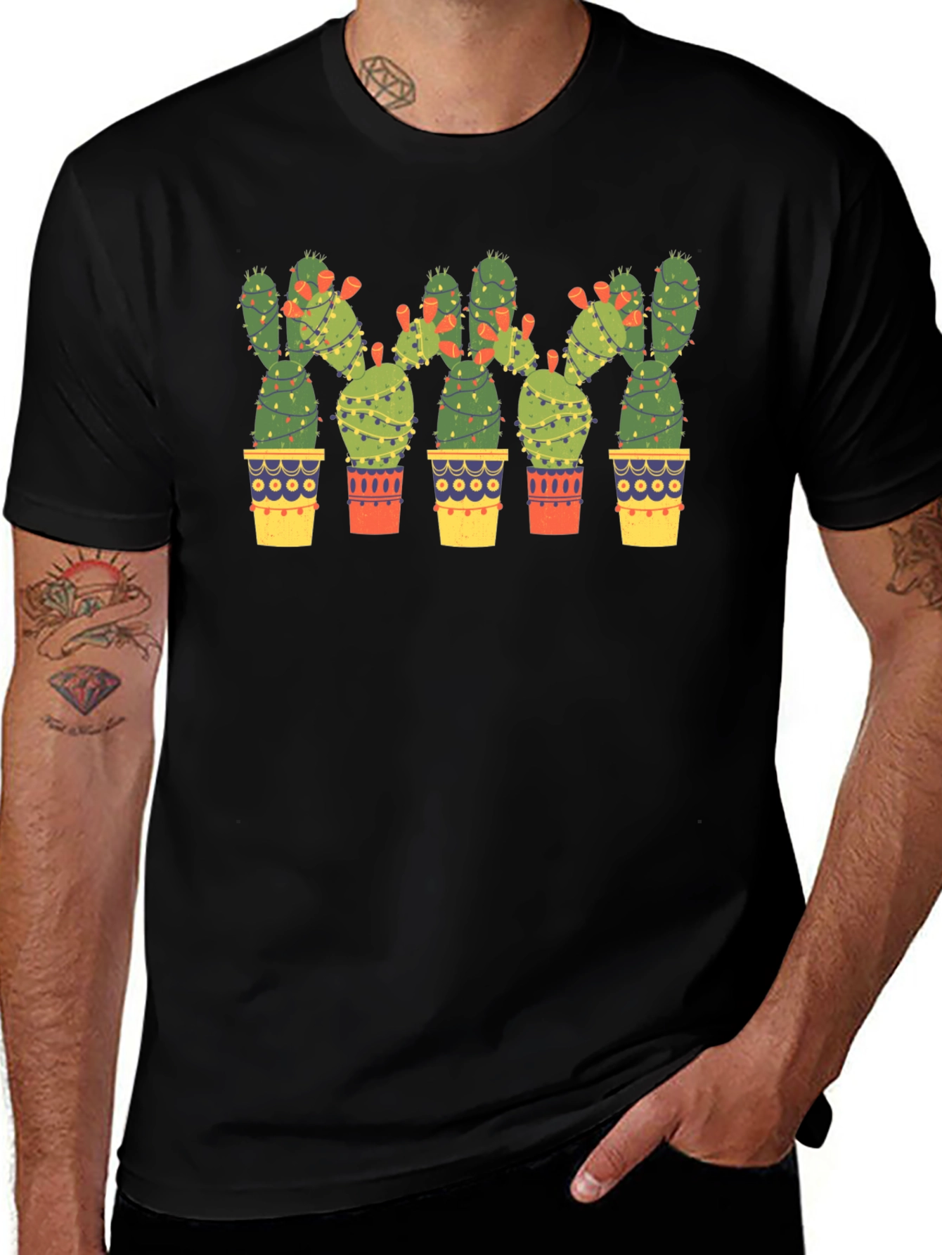 Cactus Christmas Lights Black T-Shirt