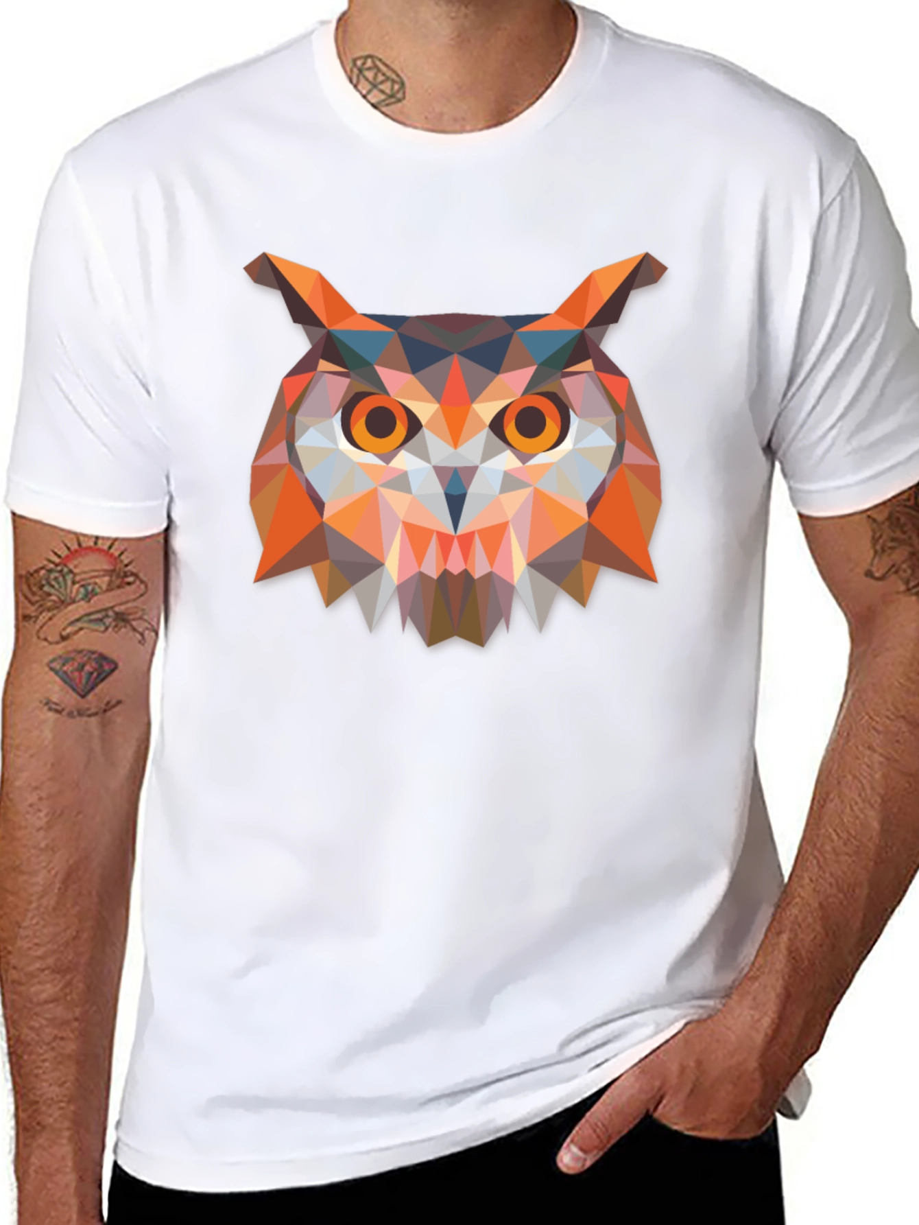 Geometric Owl Print Black T-Shirt