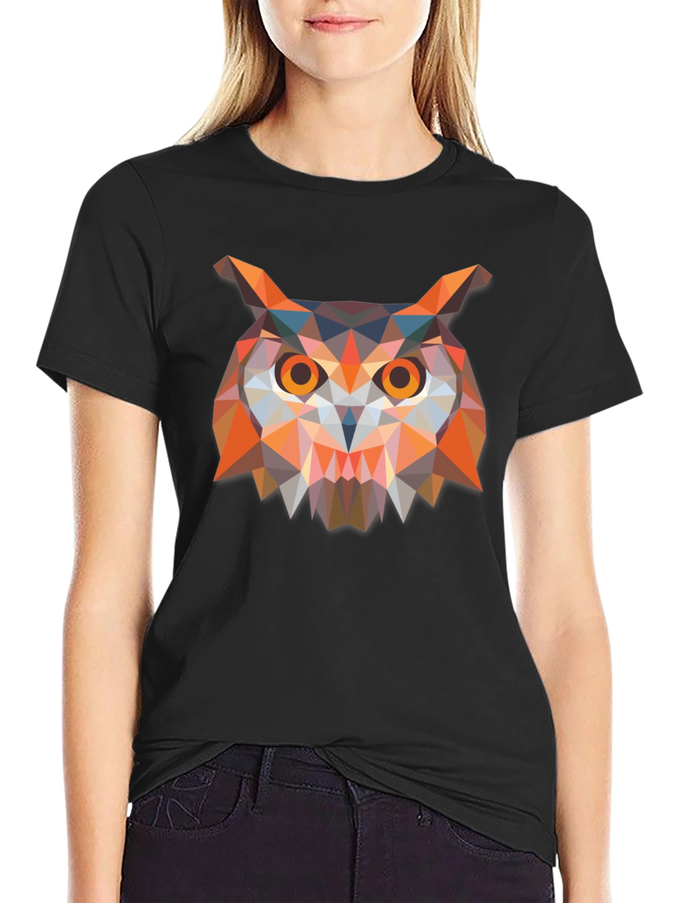 Geometric Owl Print Black T-Shirt