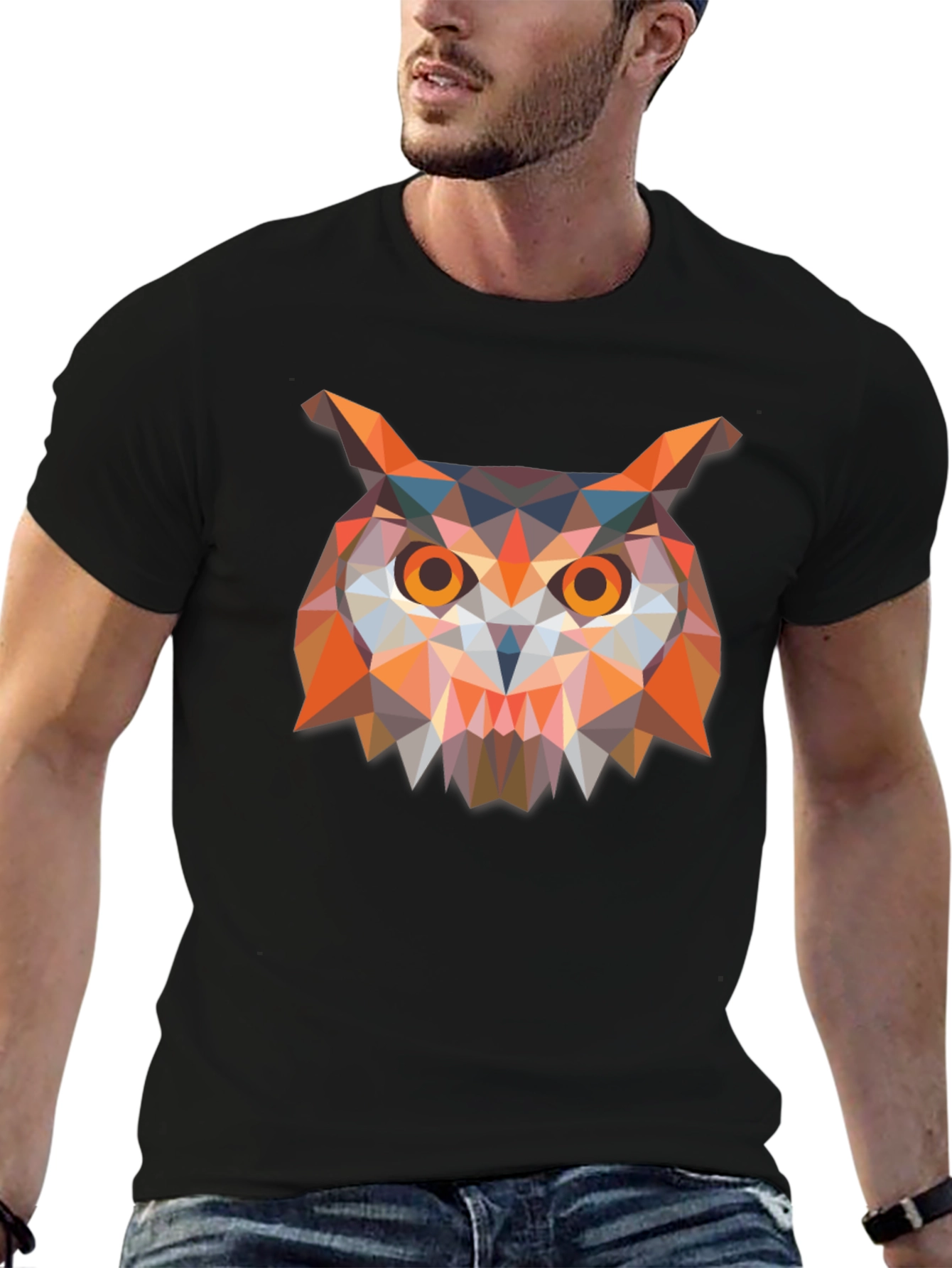 Geometric Owl Print Black T-Shirt