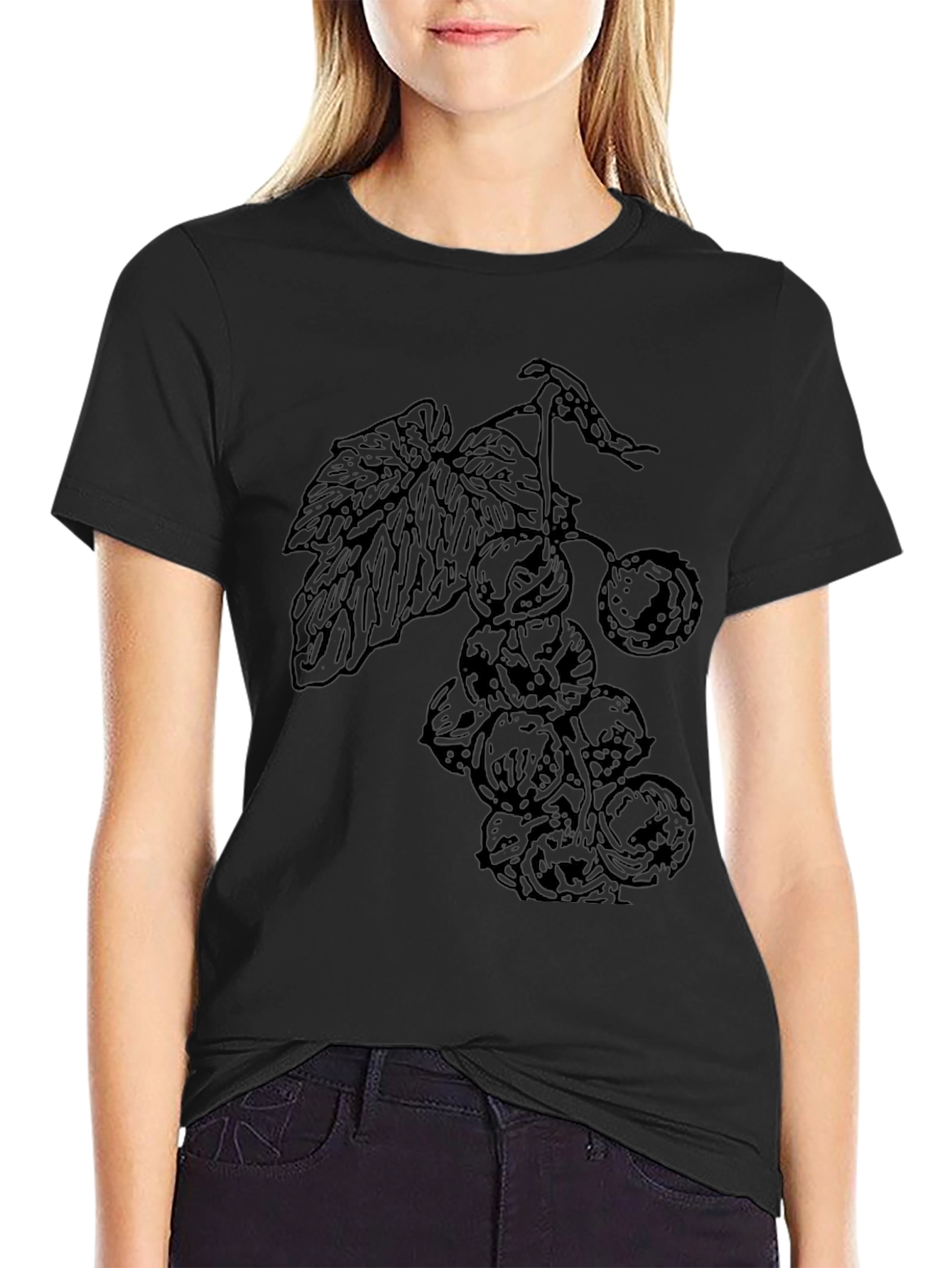 Black T-Shirt with Berry Print