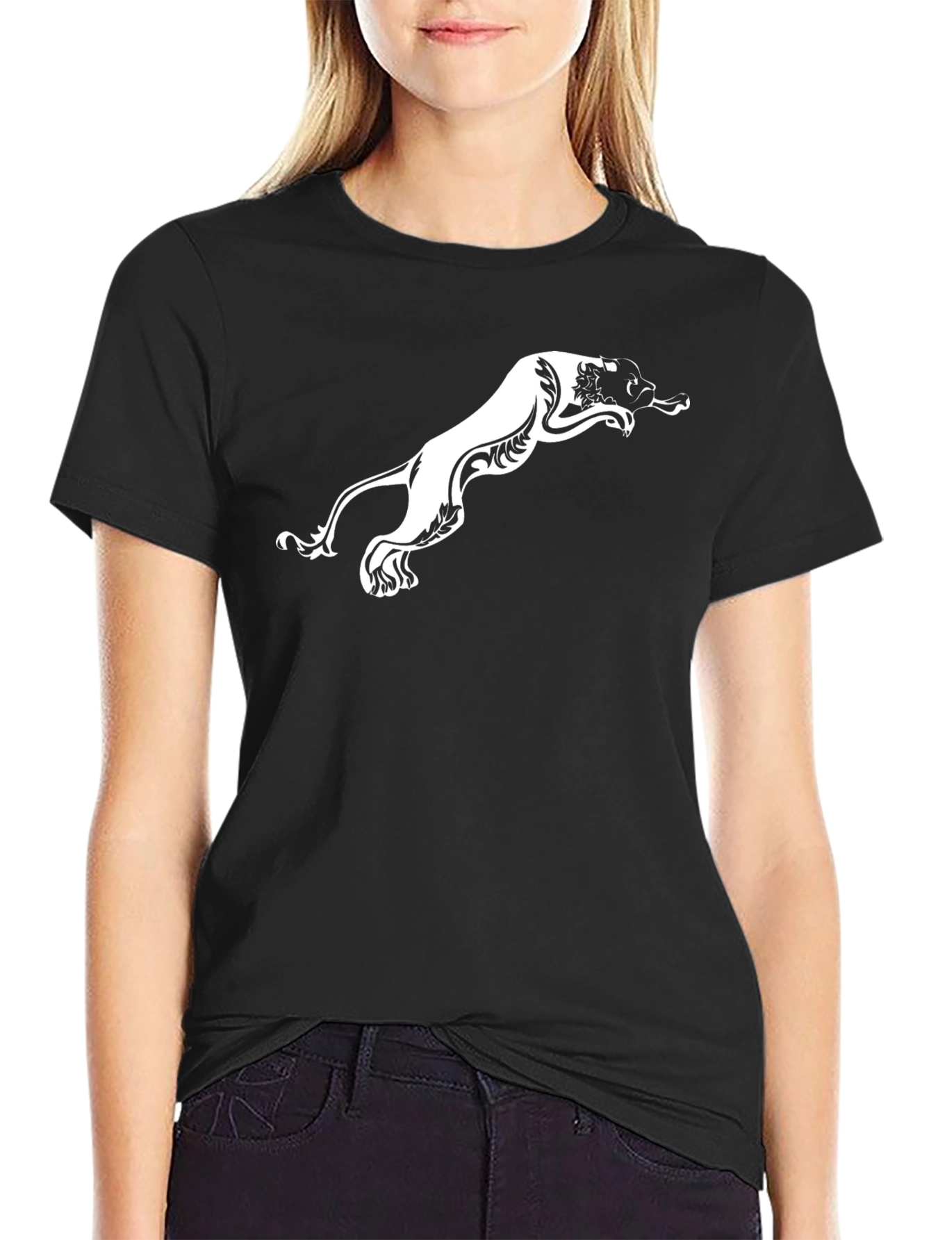 Mens Black T-Shirt with White Panther Design