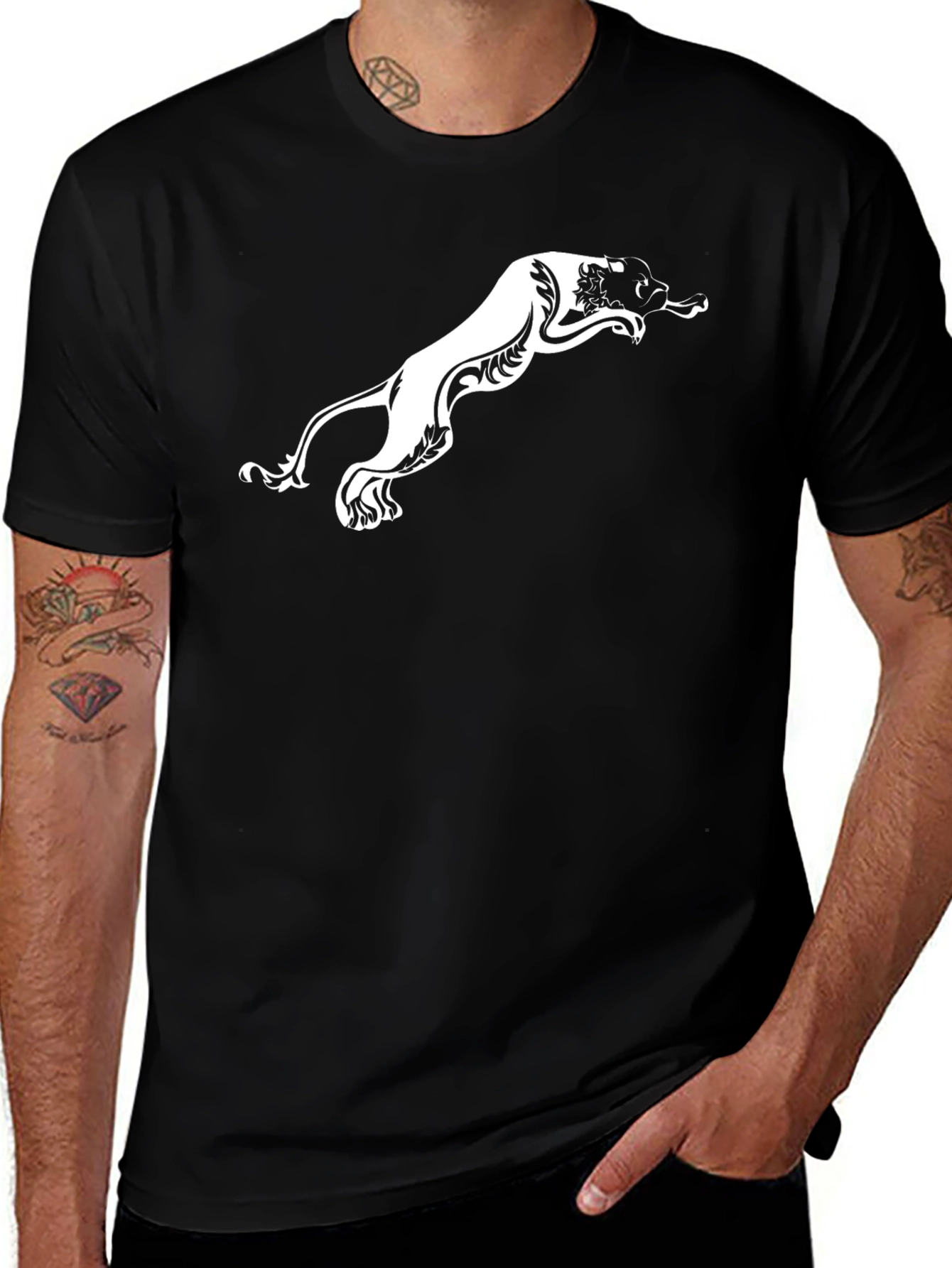 Mens Black T-Shirt with White Panther Design