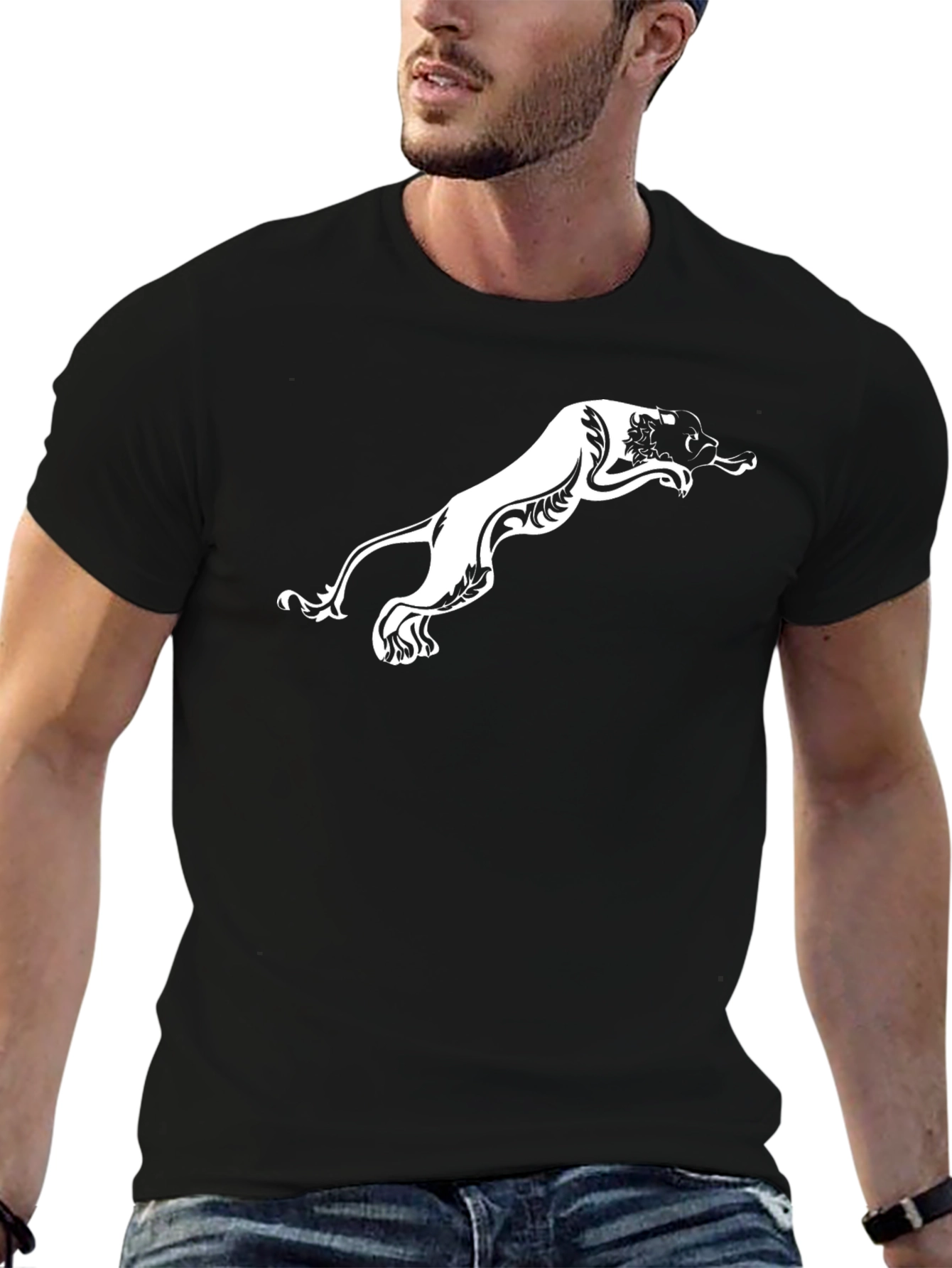 Mens Black T-Shirt with White Panther Design