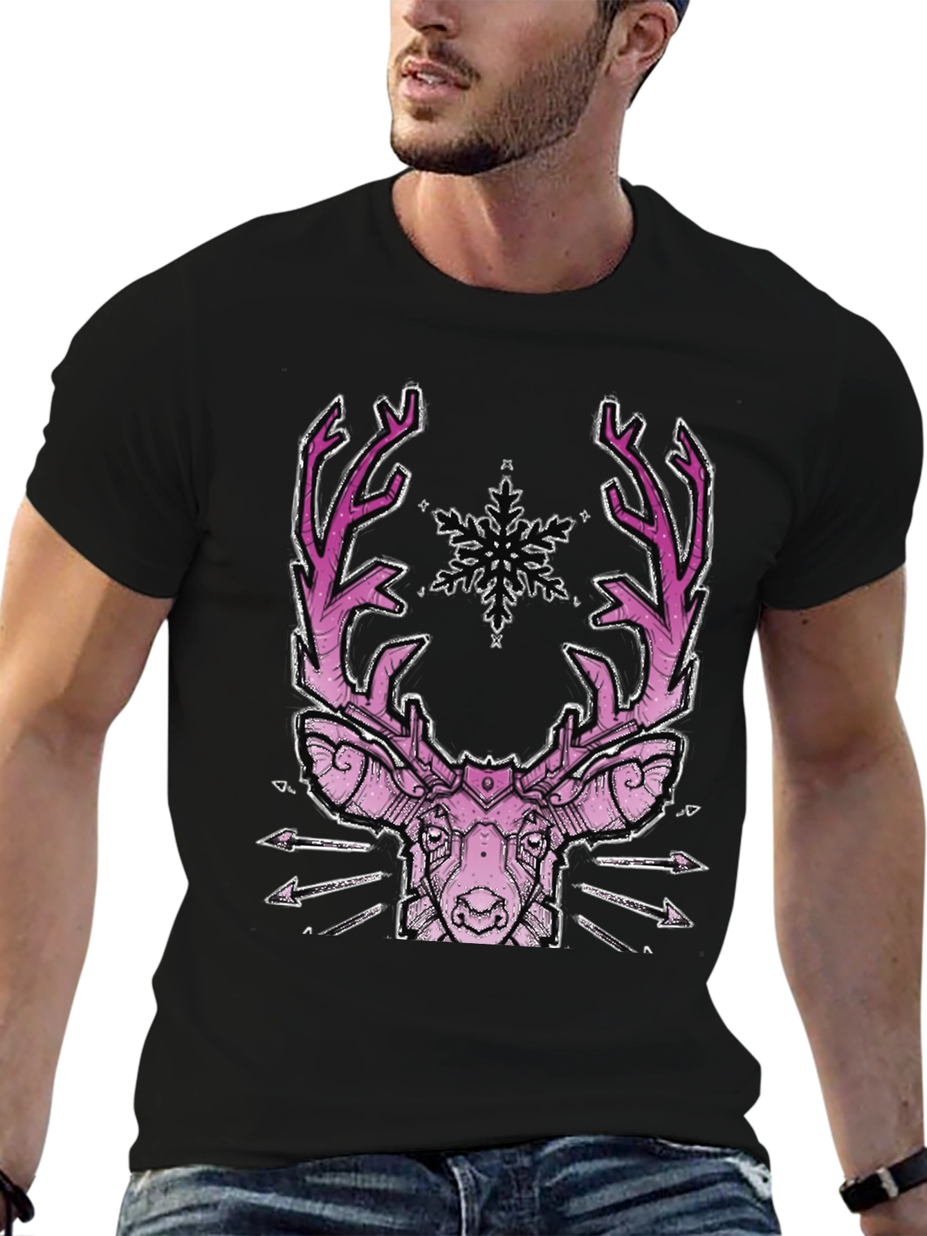 Geometric Deer Graphic Tee - Black