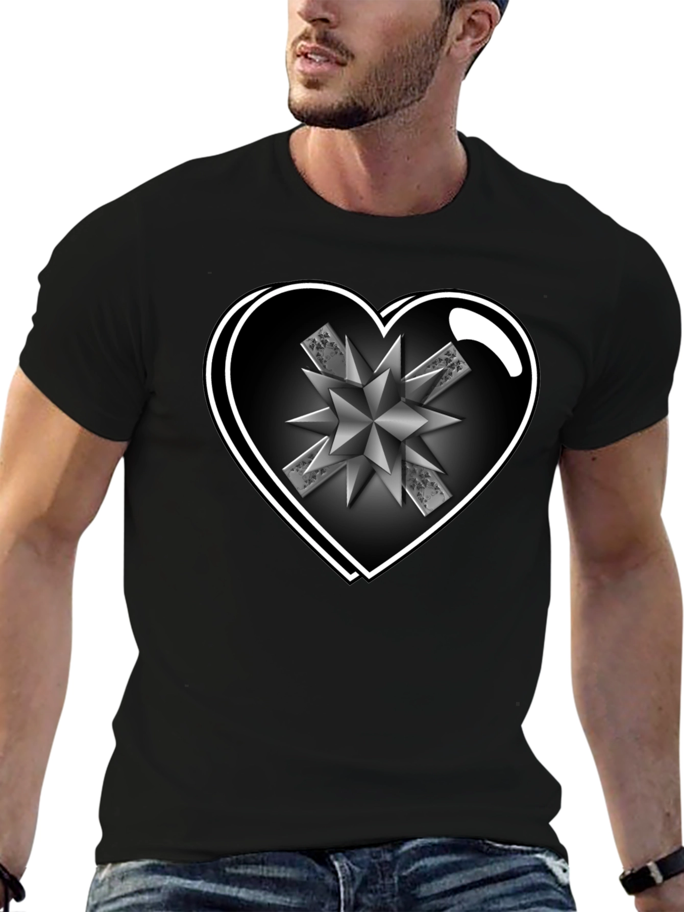 Heart Starburst Mens Black T-Shirt