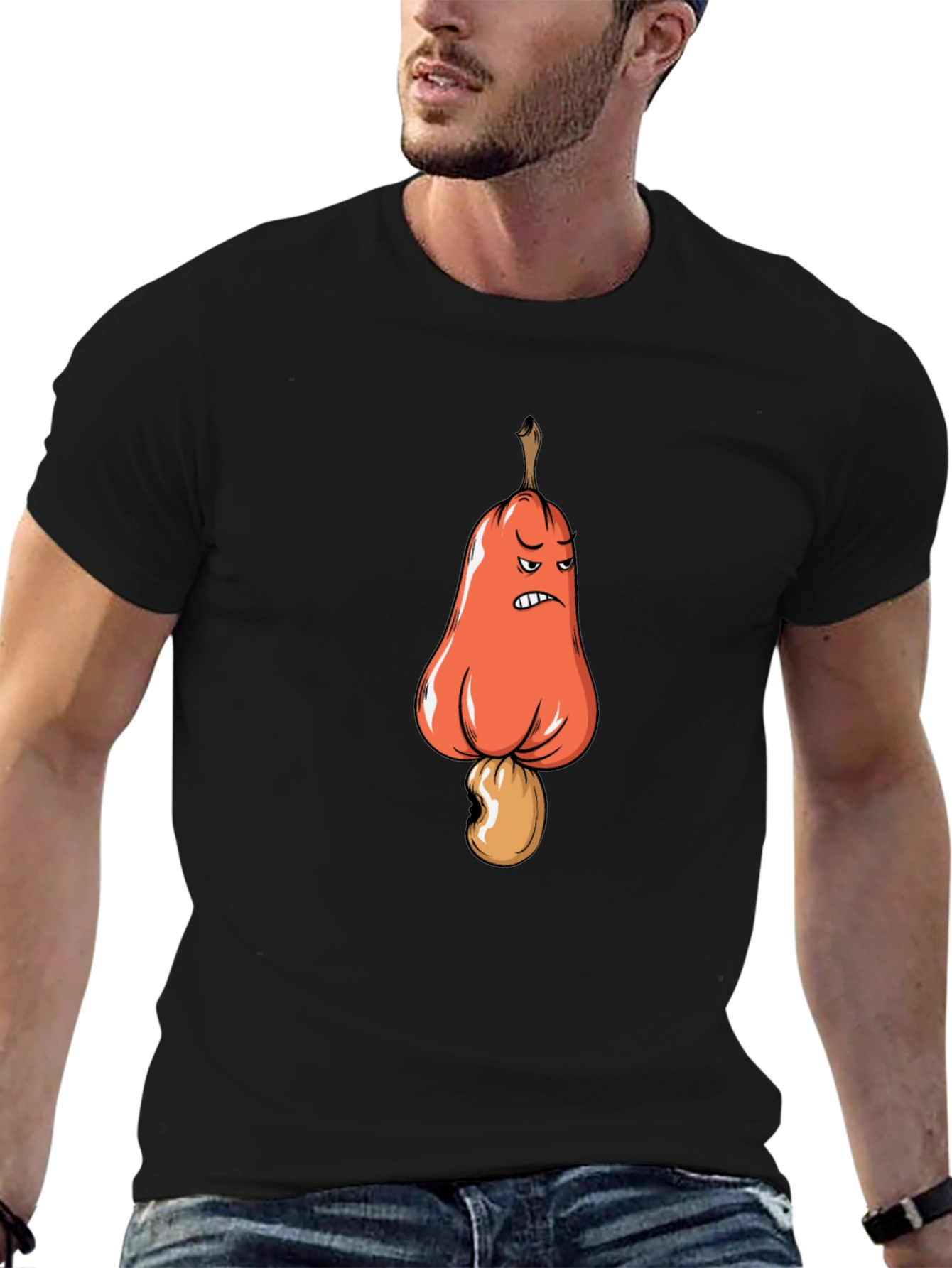 Angry Cashew Cartoon Graphic Black T-Shirt