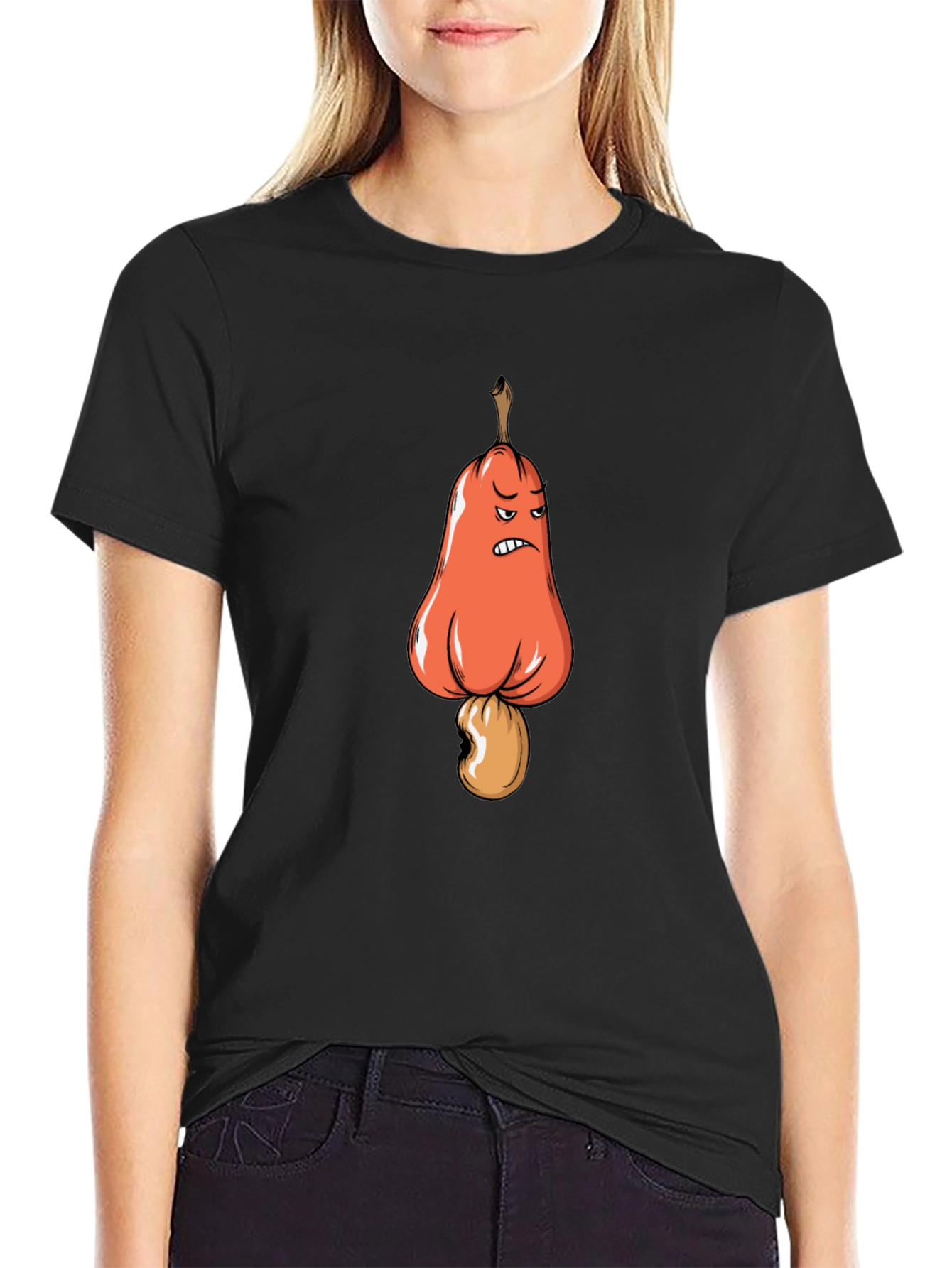 Angry Cashew Cartoon Graphic Black T-Shirt