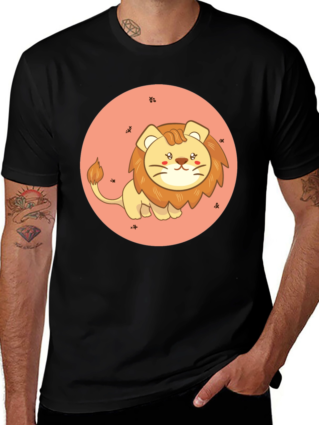 Cute Cartoon Lion Black T-Shirt
