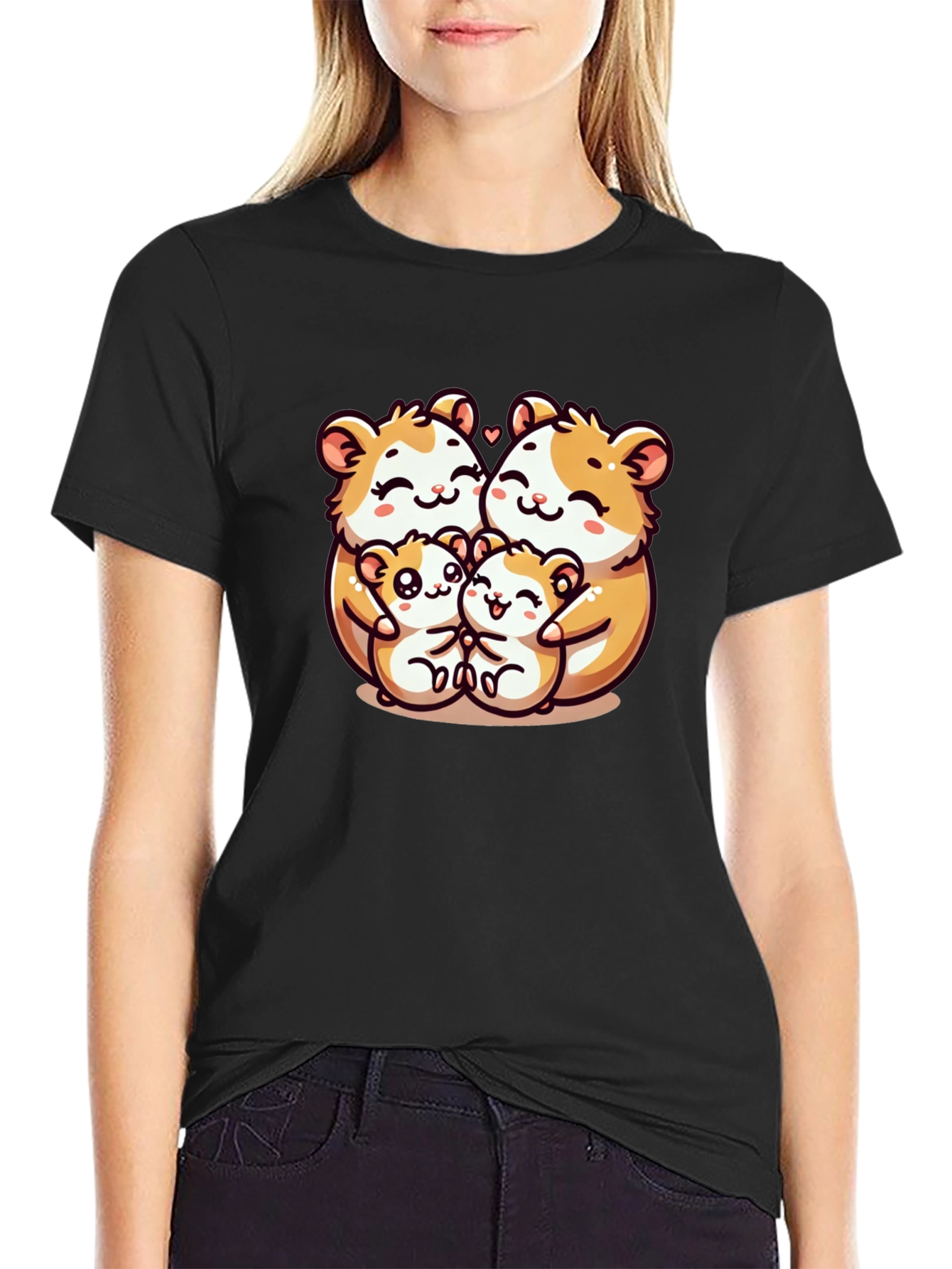 Cute Hamster Family Graphic Tee - Black