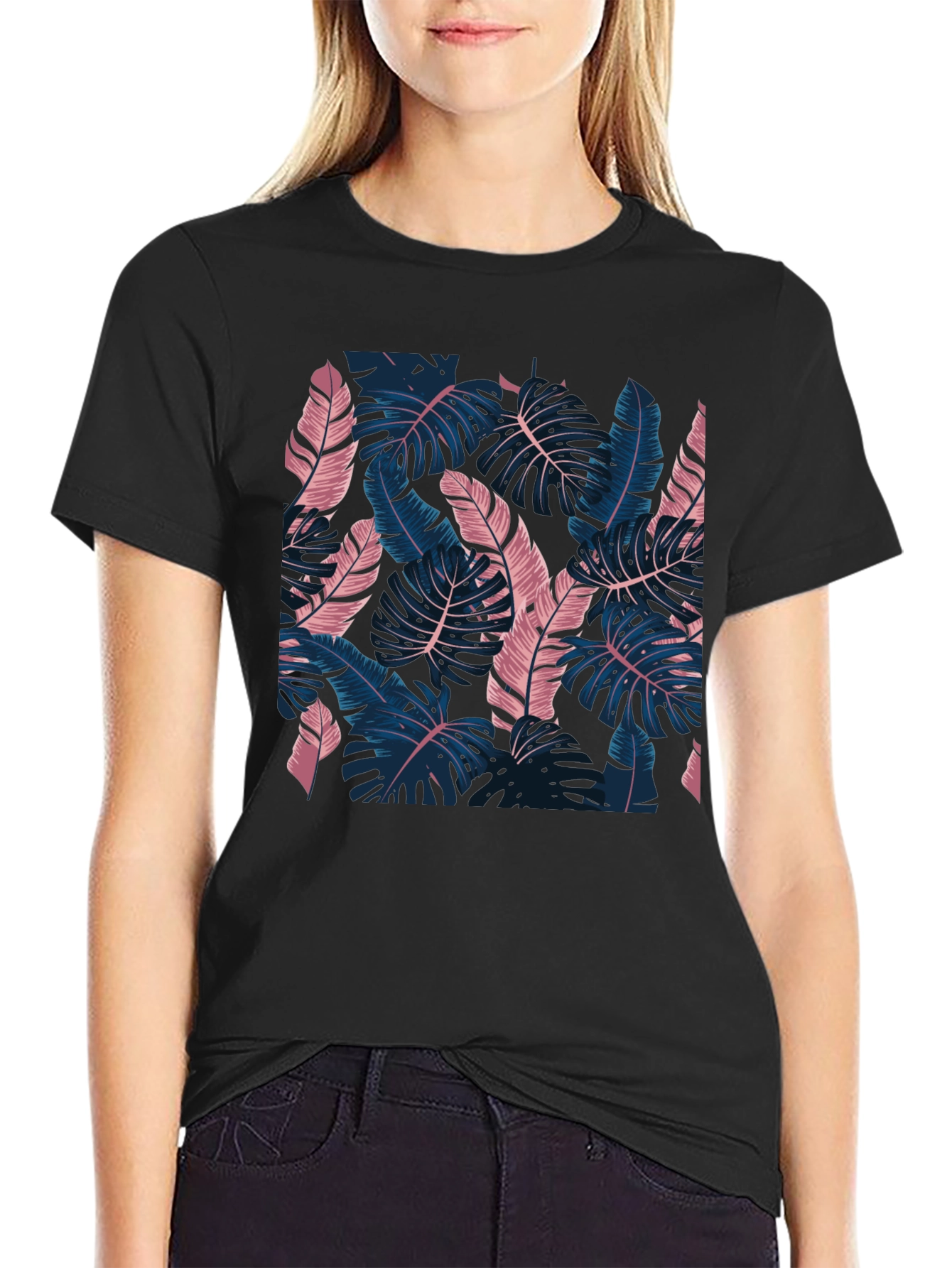 Tropical Leaf Print Black T-Shirt